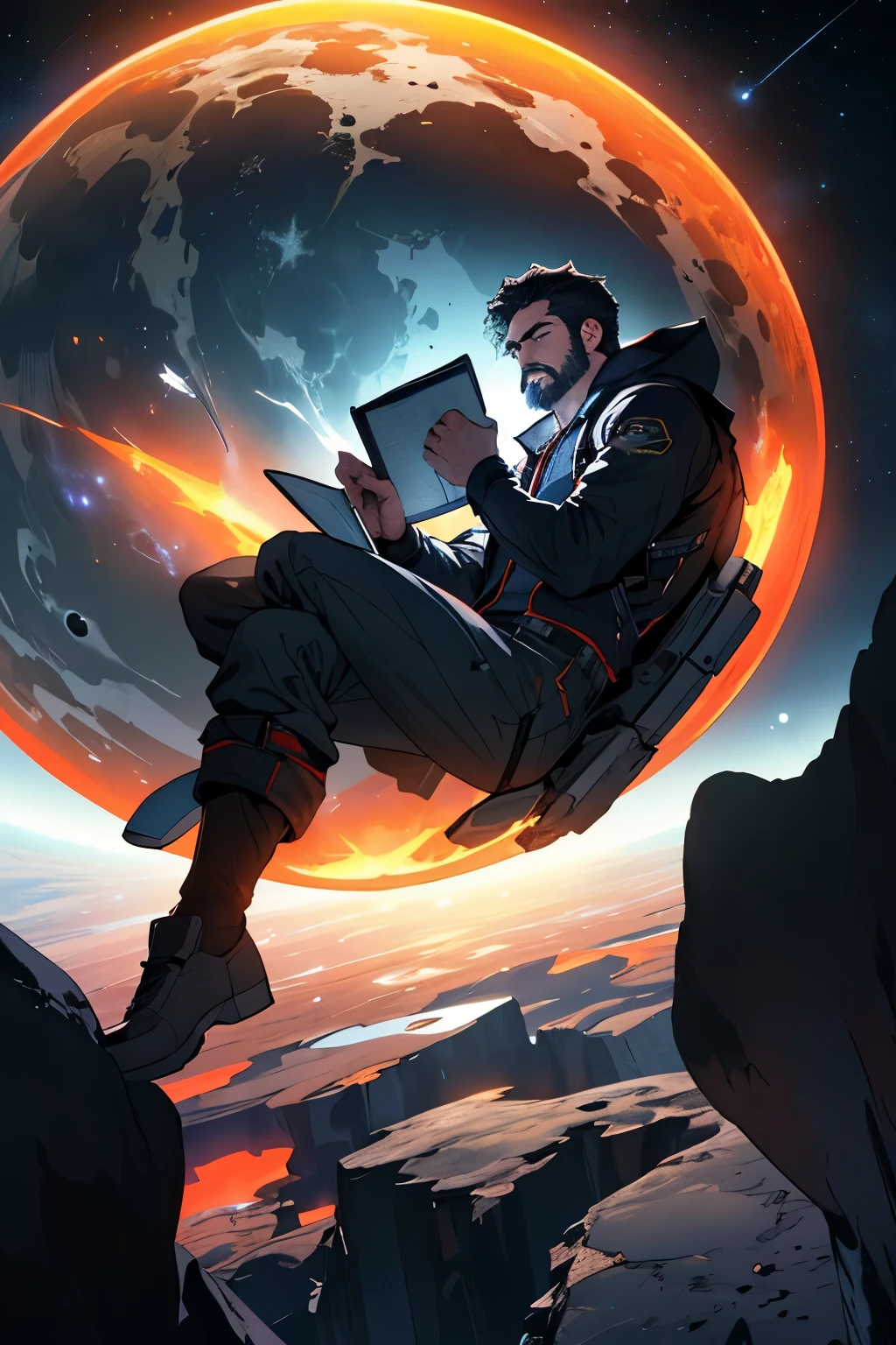 drawing a young programmer, Sitting on a floating research platform in the middle of an asteroid belt. he is studying with his notebook, Surrounded by several asteroids glowing with a fiery aura. Dramatic lighting from distant stars and planets illuminates the scene, casts a deep shadow on the suit. The young man looks confident and determined., I look at the vast and mysterious universe with wonder and respect.,facial hair, cowboy shot,Poster style