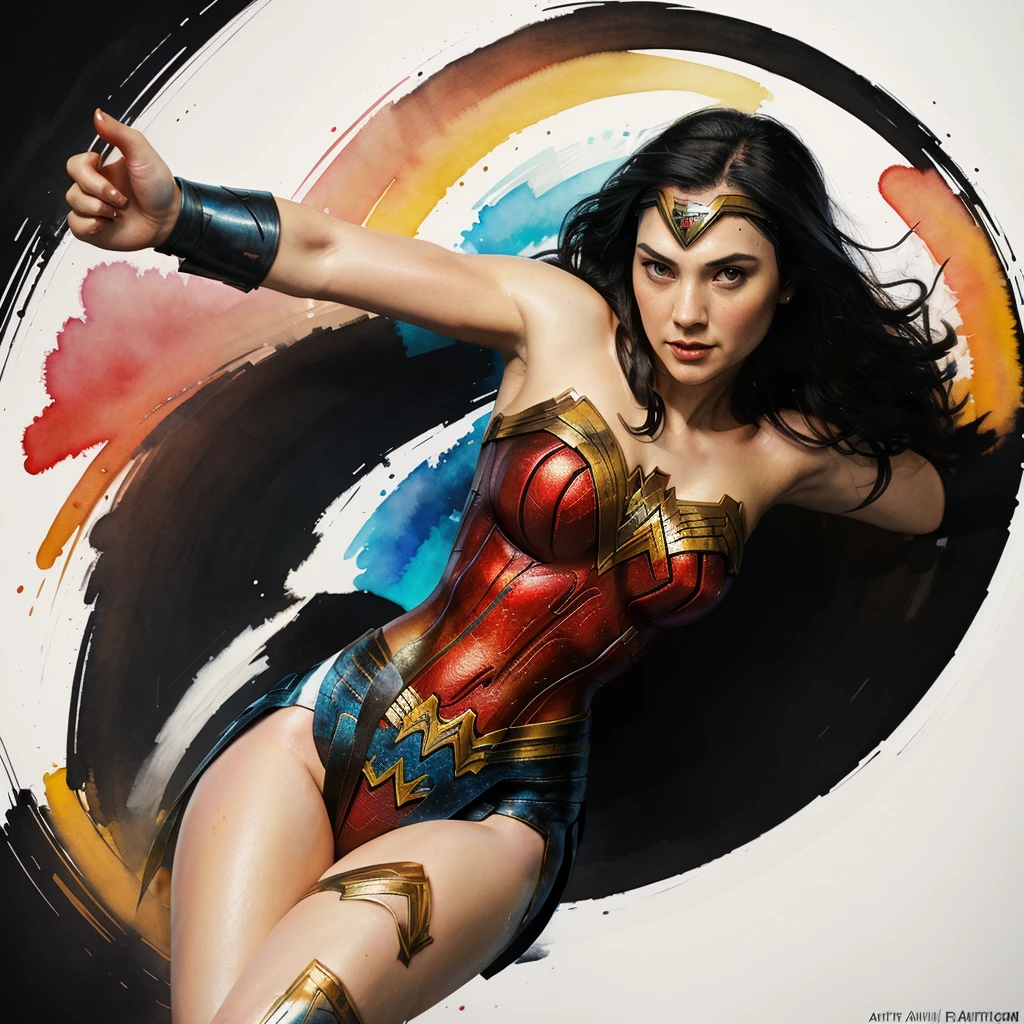 realism style, t-shirt design, centered art, 2D vector, watercolor, wonder woman with, black background, Adobe Illustration, Trending on Artstation, hd, 8K, intricate details, vibrant eyes, beautiful art, masterpiece, by Rafael Albuquerque , luminosity by REMBRANDT