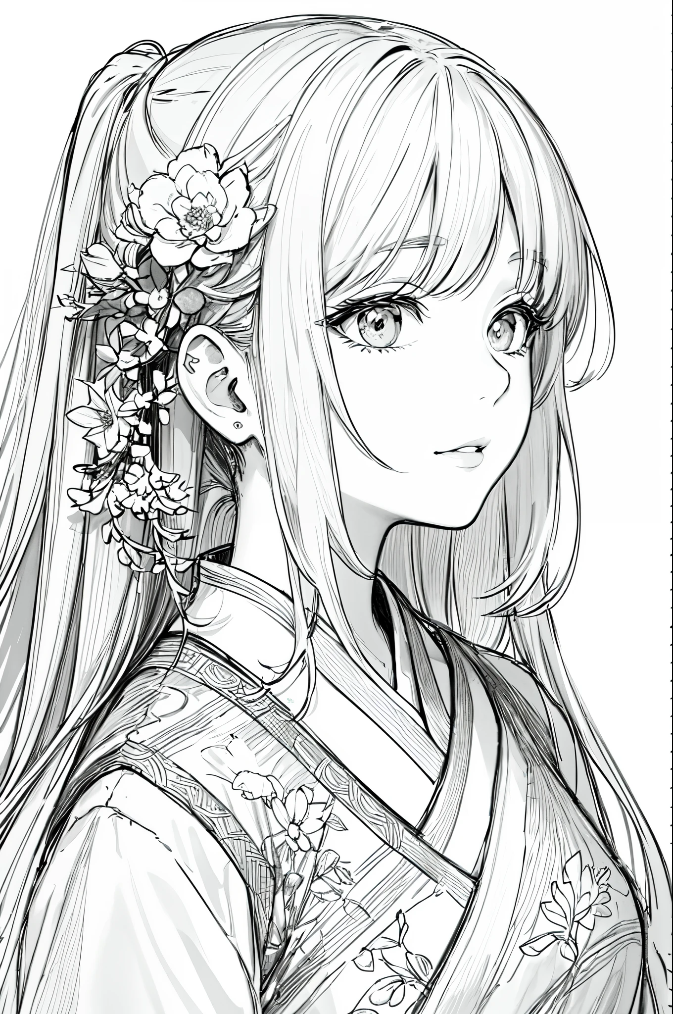 masterpiece, acura, 1girl, solo, hanfu, long hair, profile close-up, flower line drawing background, white background, monochrome, line drawing, ((sketch))
