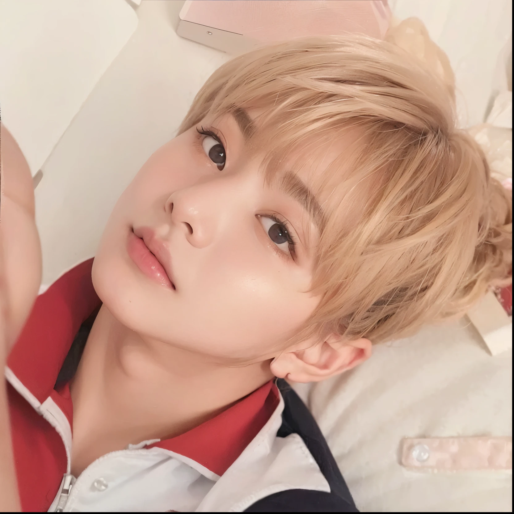 un primer plano de una persona sentada en una cama con una camisa a rayas, jungkook, cai xukun, taehyung comiendo papas fritas gucci, taehyung kim, kpop idol portrait, hyung tae, Con pelo corto, taehyung, inspirado en Kun Can, inspirado en Bian Shoumin, fotos oficiales, jia, TaeJune Kim, kim taehyung, Shinji, diez lee, ulzzang