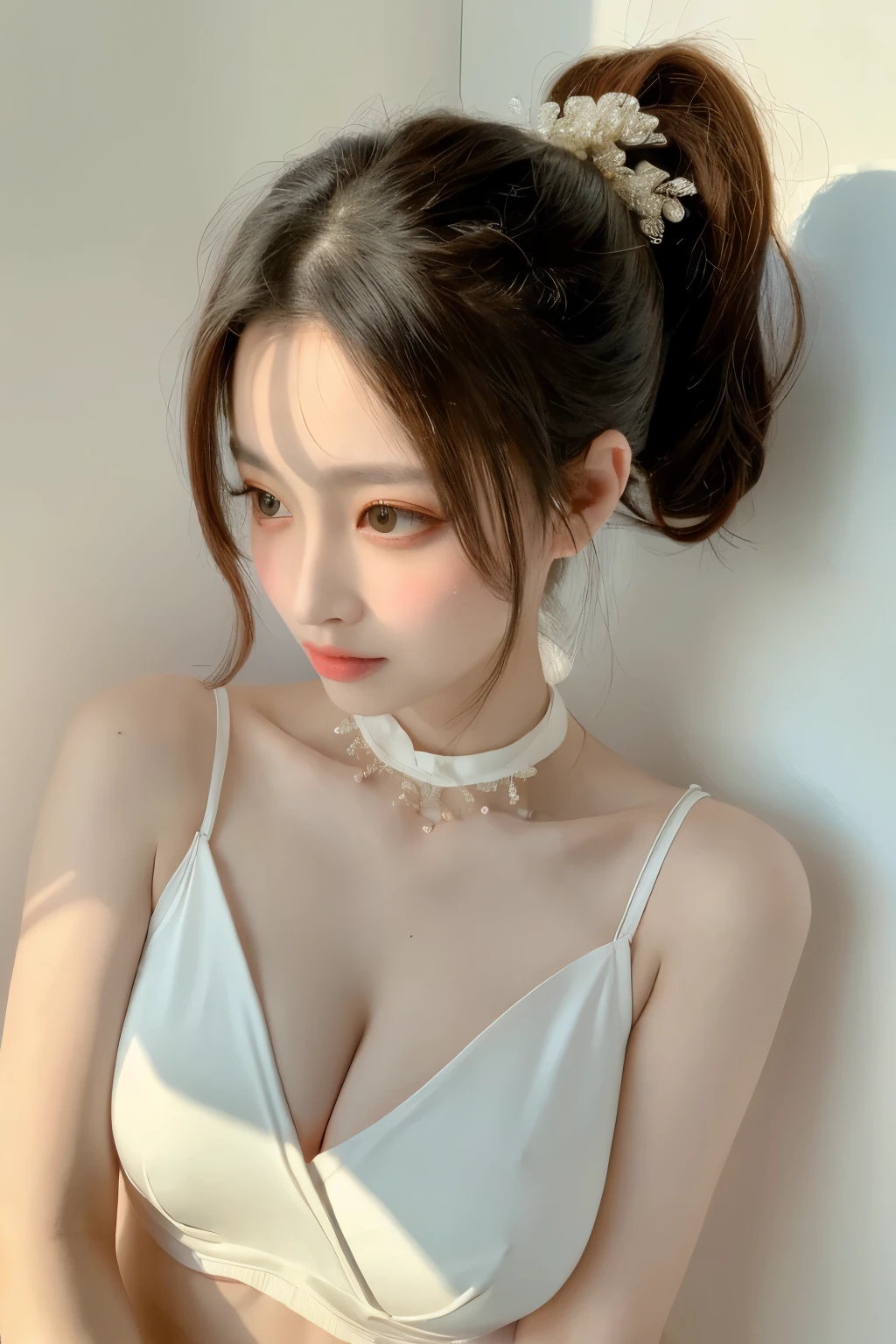 perfect figure beautiful woman：1.4，Layered Hair Style，Protruding cleavage，Wear only breast patches：1.5，Highly Detailed Face and Skin Textur，二重まぶた，Whiten the skin，Collar