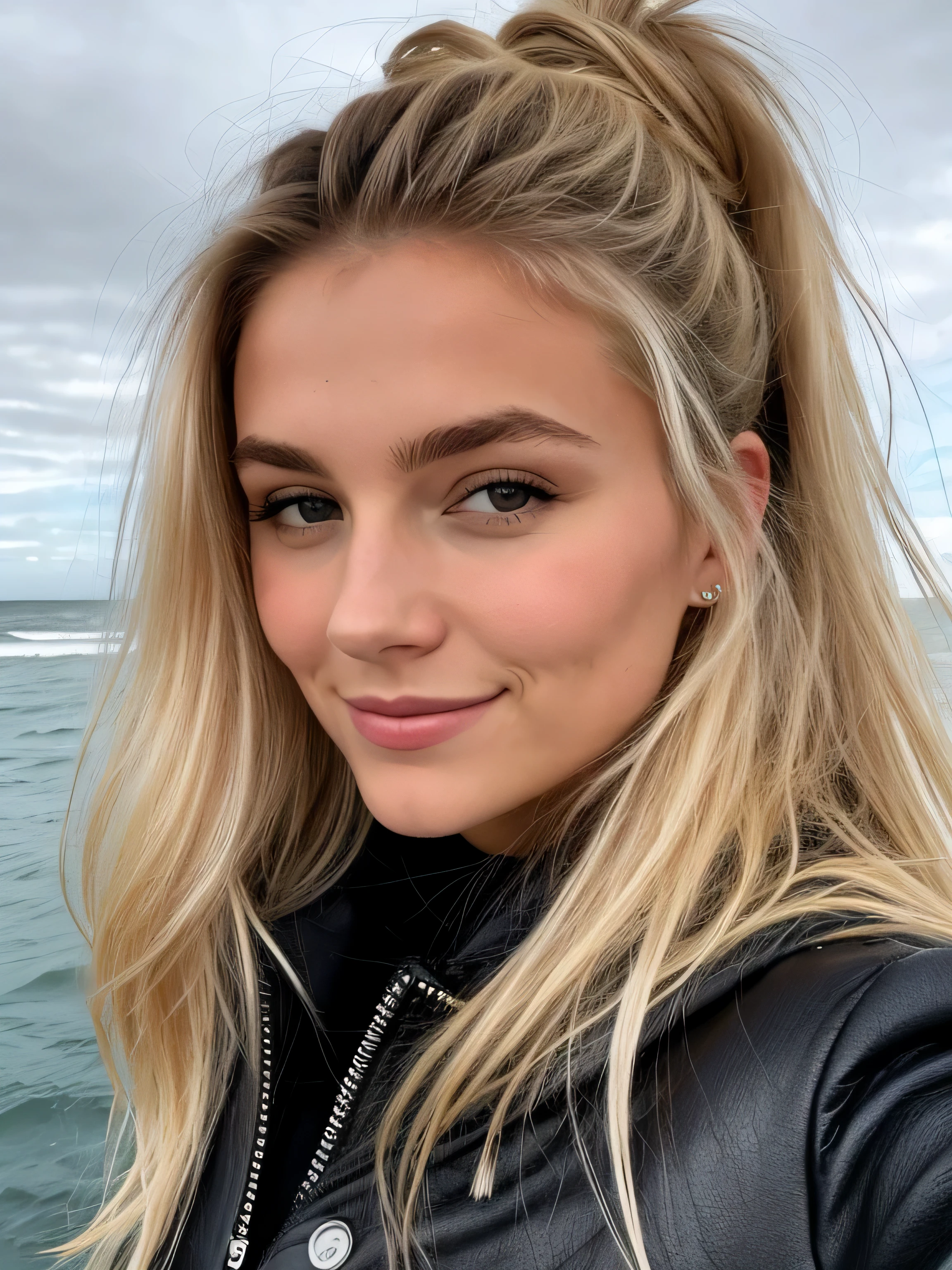 une femme souriante blonde de 23 ans fais un selfie en extérieur à la mer, on voit la mer en arrière plan, la mer couvre tout l'arrière plan, temps un peu nuageux ombres douces, photoréalisme, Cheveux blonds avec des racines châtain clair, cheveux blond, Cheveux avec des racines brunes, cheveux en queue de cheval ,cheveux attachés derrière la tête formant une queue de cheval, cheveux attachés, yeux bleus, belle femme, vue de face, très gros plan sur le visage, zoom sur le visage, un blouson d'hiver noir, haute qualité, selfie