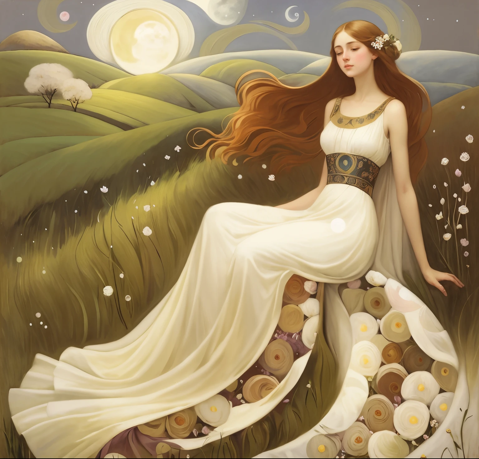 pintura de uma mulher com um vestido branco sentada em uma colina, Deusa da Lua, Deusa da Lua, uma deusa em um campo de flores, Goddess of the Hunt and the Moon, arte caprichosa, Direction: Jean Hey, Pintura Art Nouveau, portrait of a norse Deusa da Lua, deusa lunar, persephone in spring, Direction: Marie Bashkirtseff, pintura art noveau