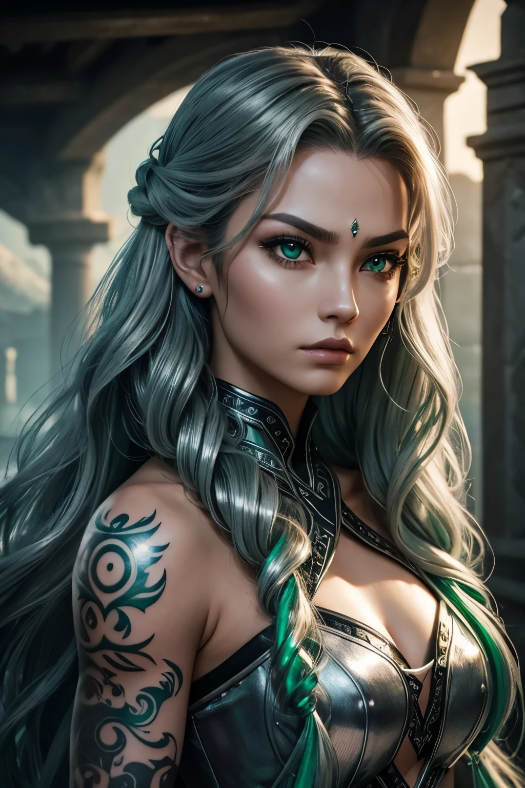 (metallic silver shiny flowing wavy braided hair) (glowing emerald perfect upturned almond shape eye) (warrior high warlock female) (heart shaped face) (warrior tribal face tattoo) (high defined cheekbone) (strong expression) (fantasy ethereal quality)