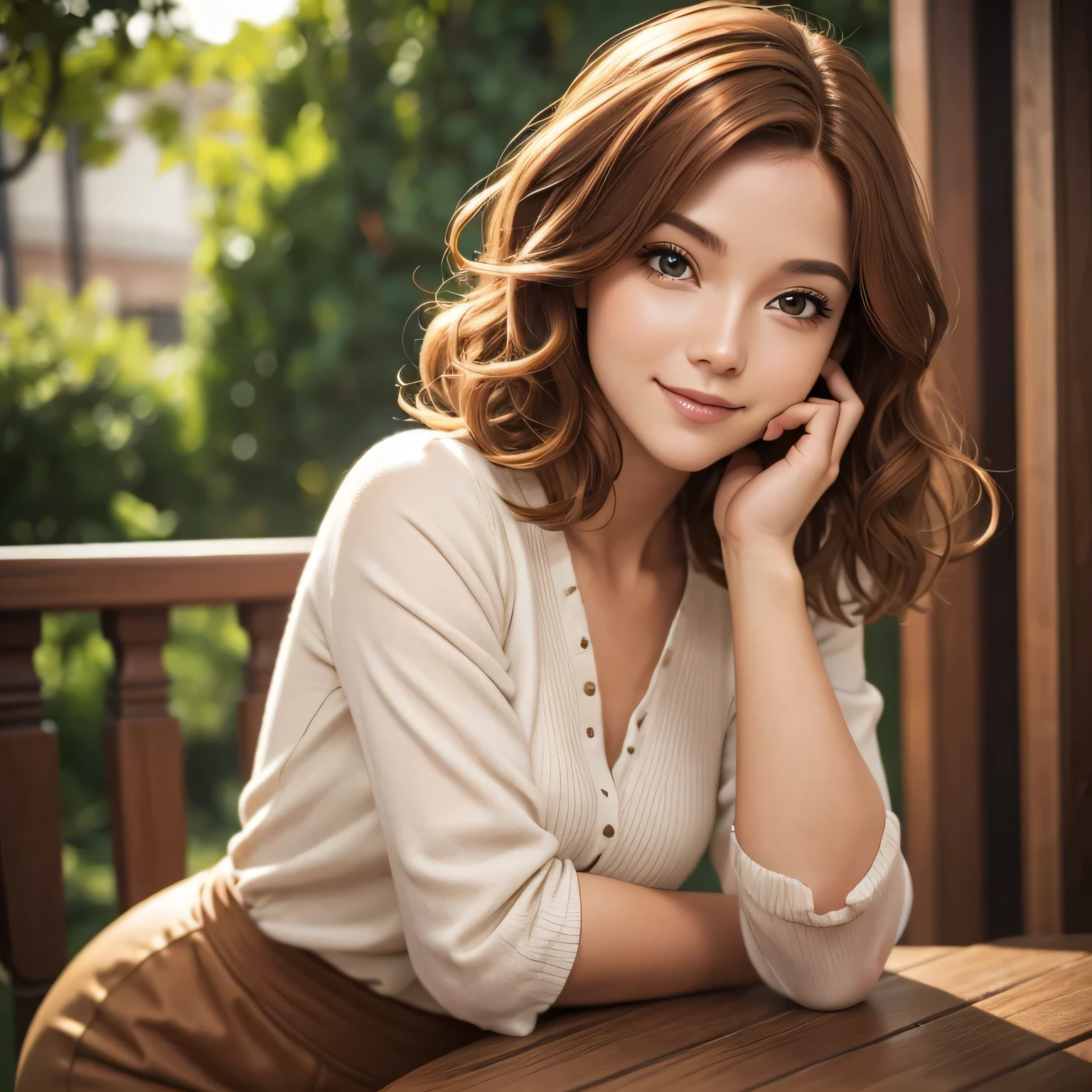 best quality, extremely detailed, depth of field, woman, light mahogany hair, short wavy hair, happy, pose