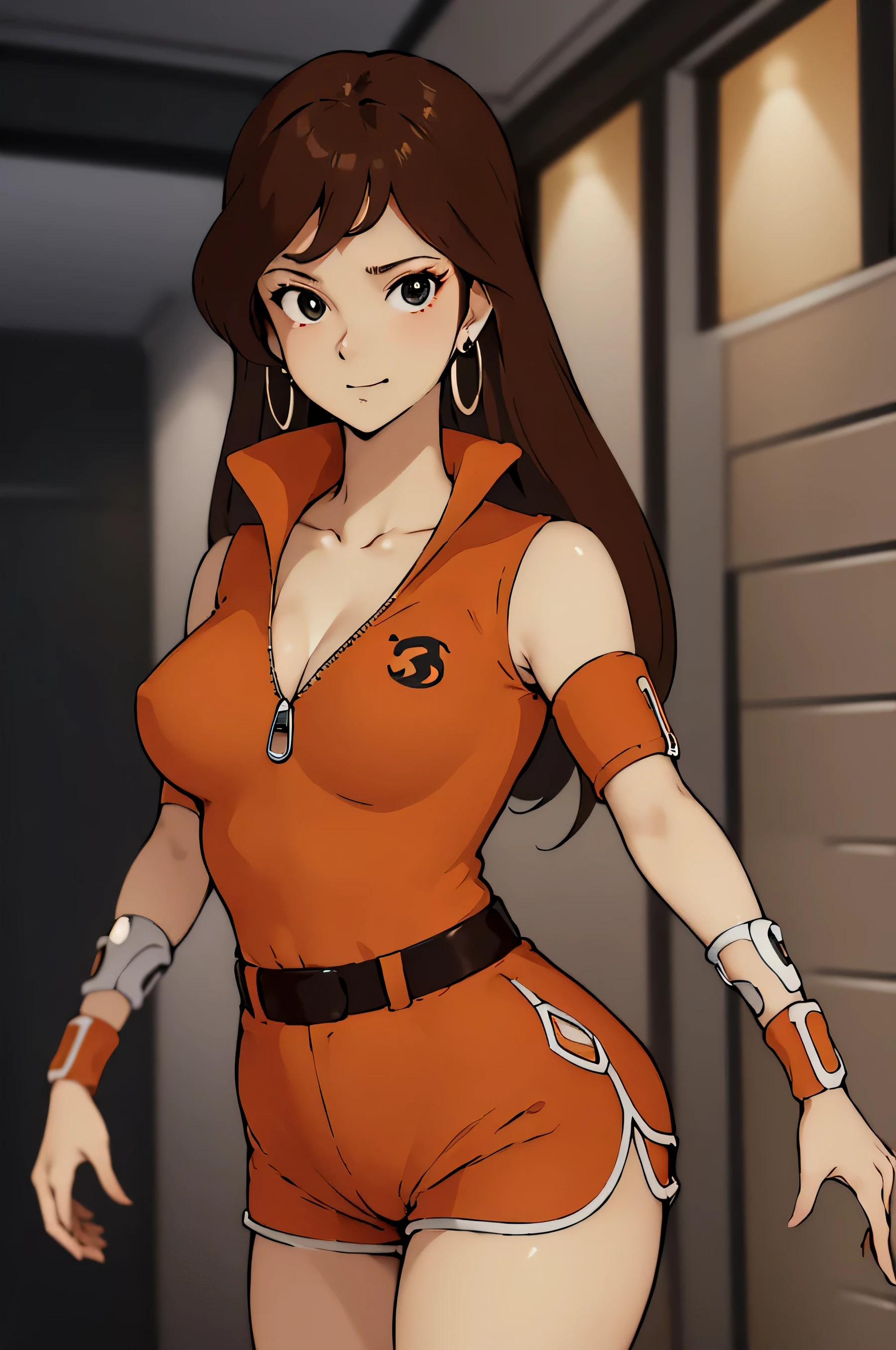 masterpiece, 4K, 8K, highest quality, mechanical hallway,full body photo,anime style,(Omachi, alone,alone), Brown hair,long hair,(wear earrings, Big ring, Metal, in your earlobe), (Draw a beautiful face, detailed and accurate), (look at the camera, Omachi is), (beautiful hands, one on each side,4 fingers and 1 thumb, anatomically accurate), (big breasts:1.It is 8,suspended shape, If the tip is), (Bigger buttocks:1.4 people are doing it, winding), (Orange combat suit,Big Color,Zipper from collar to chest,sleeveless,(((J9)logo is printed., Thick and large:1.3, Upper left chest), (shape of shorts,Very short,small backside on the sidevwith letter notch,white border,hem of pants,Below the waist)),(vI am wearing a leather belt with letters on it.,Brown,wide:1.6,shiny:1.5,On the waist),(wearing dark Brown tights,up to the middle of the thigh),(I'm in a band,black),(Posing as a gravure idol,action-like,nice),