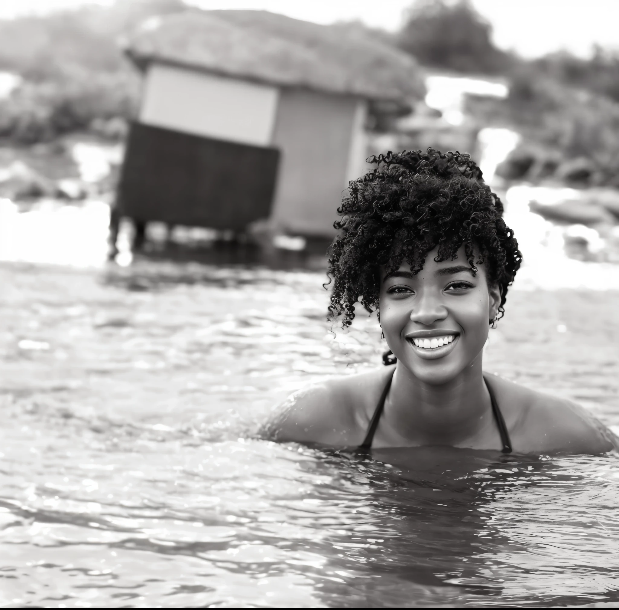 Artistic black and white photograph of a radiant Brazilian woman with light-toned African features, immersed in the gentle currents of a river. Her skin glows with a clear, soft luminescence. She sports a head of 3C kinky curly hair, each curl defined against the flowing water, epitomizing natural beauty. Her smile, wide and captivating, reaches her sparkling eyes, which convey a story of joy and authenticity. The backdrop is a masterful lens blur, creating an ethereal effect that accentuates the hyper-realistic detail of the water caressing her skin. The image is a symphony of textures, from the delicate patterns of her hair to the mirror-like surface of the water, all captured in striking high resolution. --ar 3:2 --no grain --stylize 100seconds
