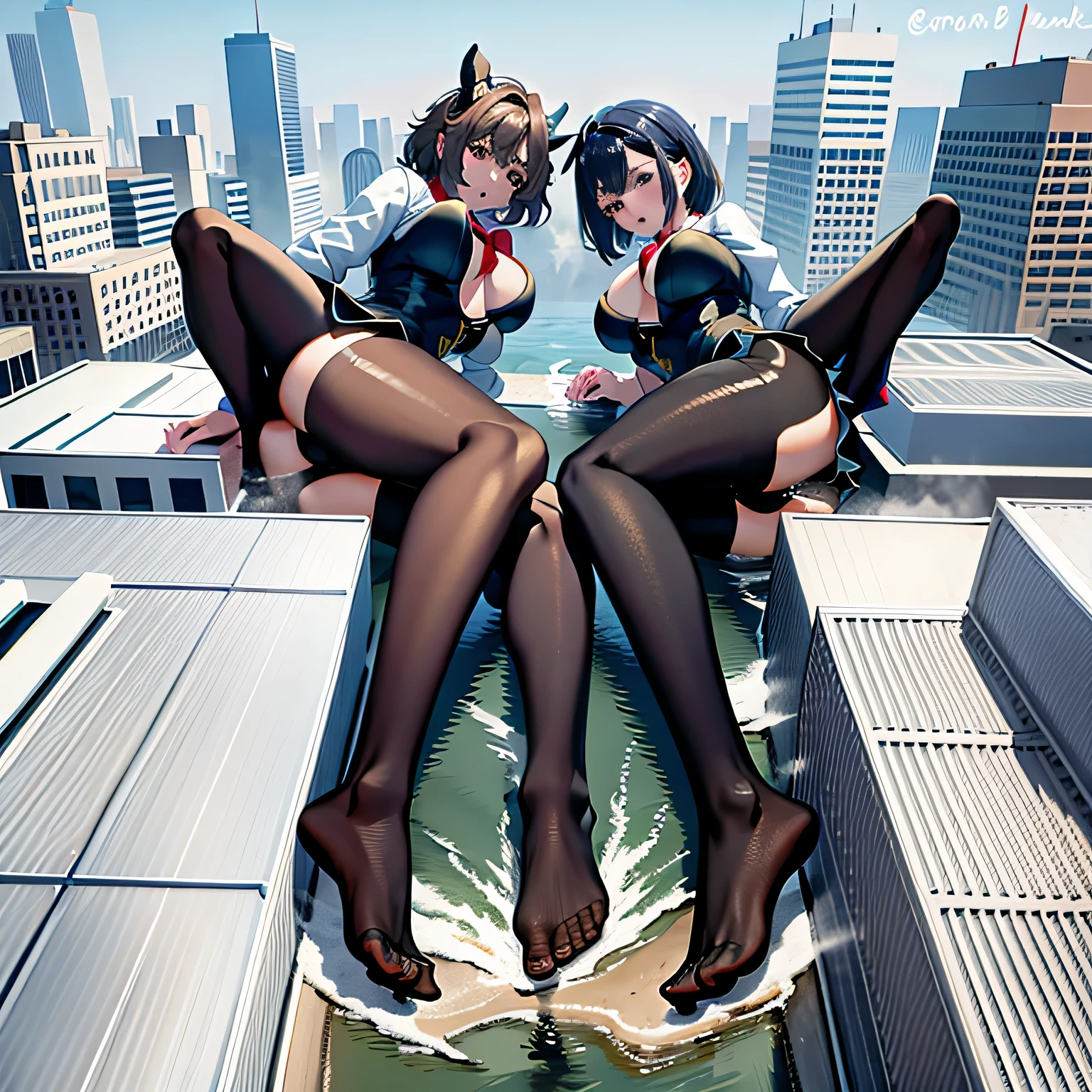 multiple girls, Giantの芸術, 非常に詳細なGiantショット, Giant, short hair, A high school girl who is much bigger than a skyscraper, wearing rimless glasses, big breasts, big ass, navy blue blazer, red tie, mini skirt, black pantyhose, pantyhose barefoot, Steam comes out from the soles of the feet, very small metropolis, miniature metropolis, crush the big city, full body description, GTS, ギガGiant, Stomping City, crash city, Small town, micro city, High resolution, highest quality, masterpiece,