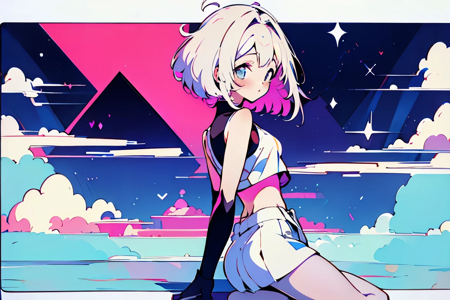 ((Great Quality)), (Detailed), Anime girl, 1 girl, short hair, cute, detailed eyes, Blunt hair, half naked, sexy, wearing white pantyhose, skirt and croptop, ass visible, Strong white highlights, high saturation, high res, ultra sharp, 8k, masterpiece, looking at viewer, vaporwave, 1 color background, contrast in background, simple background