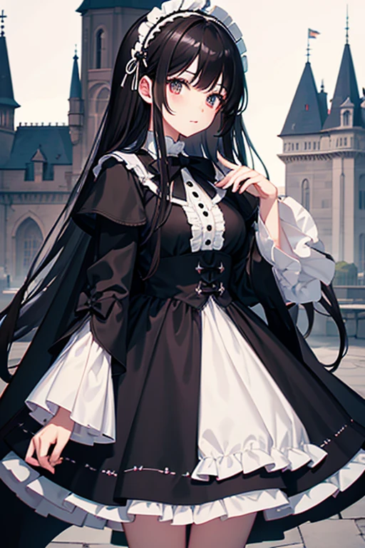 Black-haired, white-eyed lolita stands in front of the castle, Black plain cloak，large area of skin，SFW，