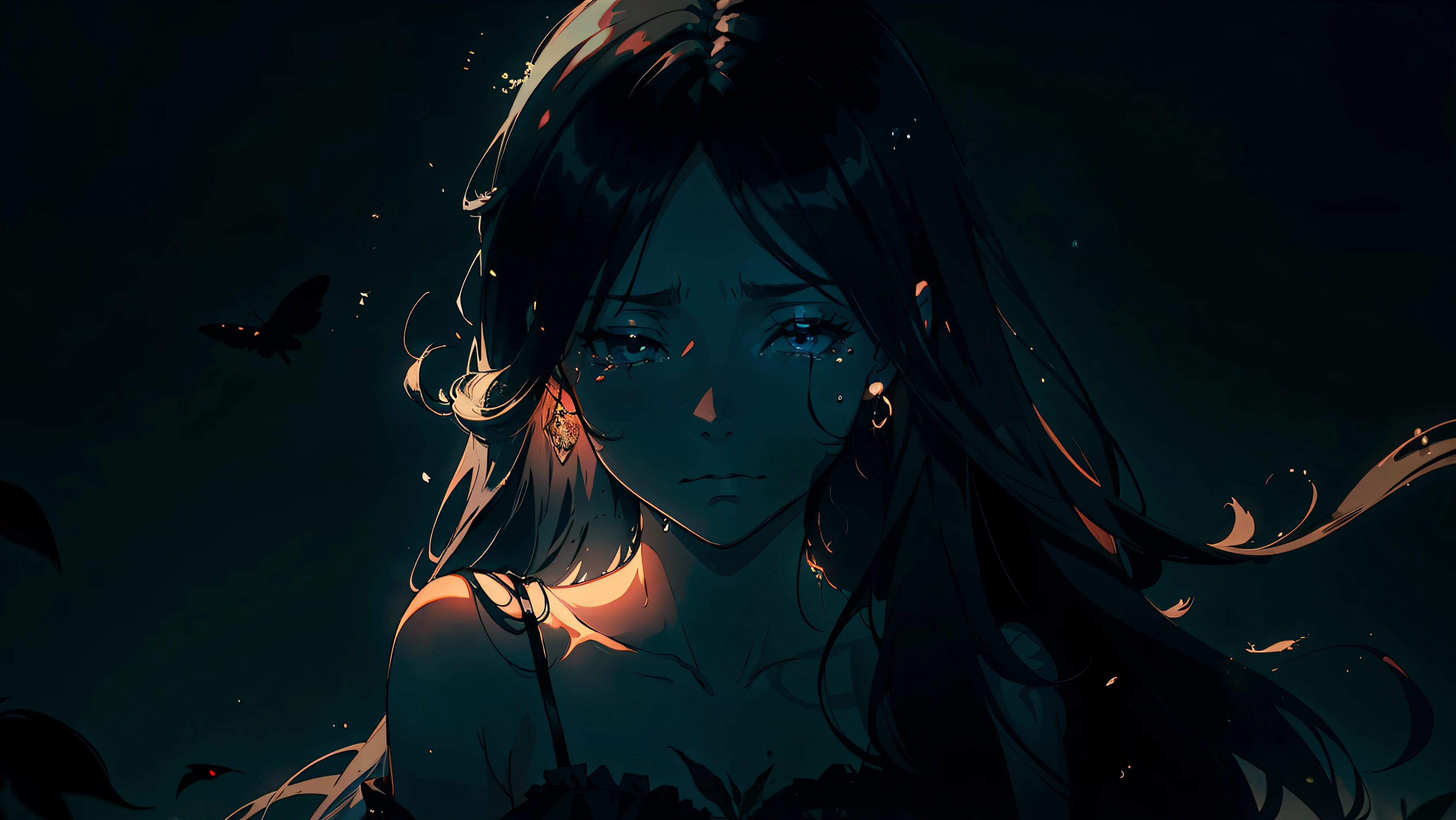 (sadness:1.2),(nostalgia:1.1),beautiful, delicate shadow play, tears running down the face softly, dark and long hair, dark and dramatic background, felt crying, expression charged with intense emotion.
