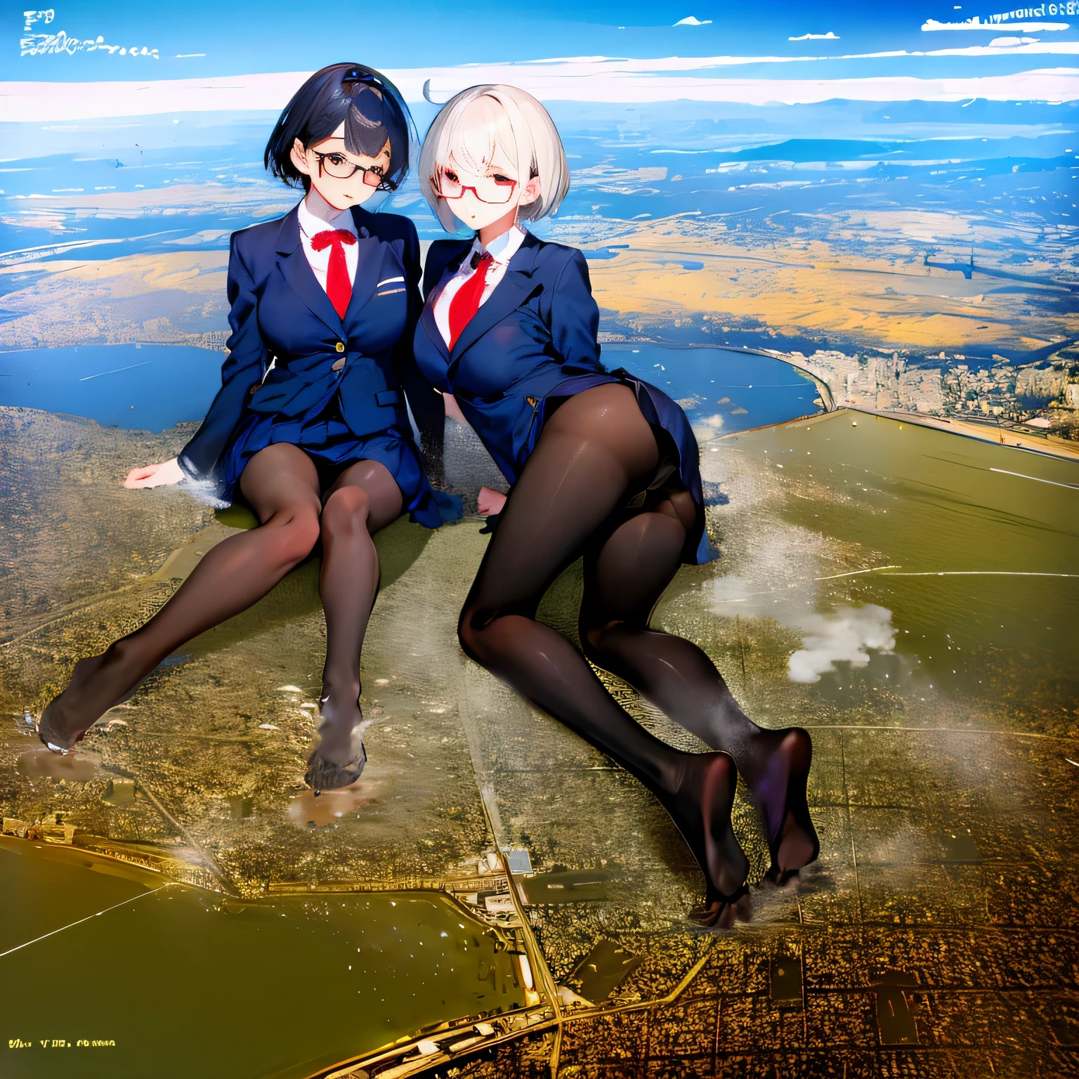 multiple girls, Giantの芸術, 非常に詳細なGiantショット, Giant, short hair, A high school girl who is much bigger than a skyscraper, wearing rimless glasses, big breasts, big ass, navy blue blazer, red tie, mini skirt, black pantyhose, pantyhose barefoot, Steam comes out from the soles of the feet, very small metropolis, miniature metropolis, crush the big city, full body description, GTS, ギガGiant, Stomping City, crash city, Small town, micro city, High resolution, highest quality, masterpiece,