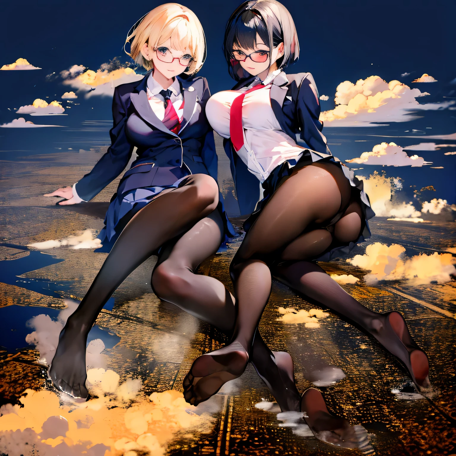 multiple girls, Giantの芸術, 非常に詳細なGiantショット, Giant, short hair, A high school girl who is much bigger than a skyscraper, wearing rimless glasses, big breasts, big ass, navy blue blazer, red tie, mini skirt, black pantyhose, pantyhose barefoot, Steam comes out from the soles of the feet, very small metropolis, miniature metropolis, crush the big city, full body description, GTS, ギガGiant, Stomping City, crash city, Small town, micro city, High resolution, highest quality, masterpiece,