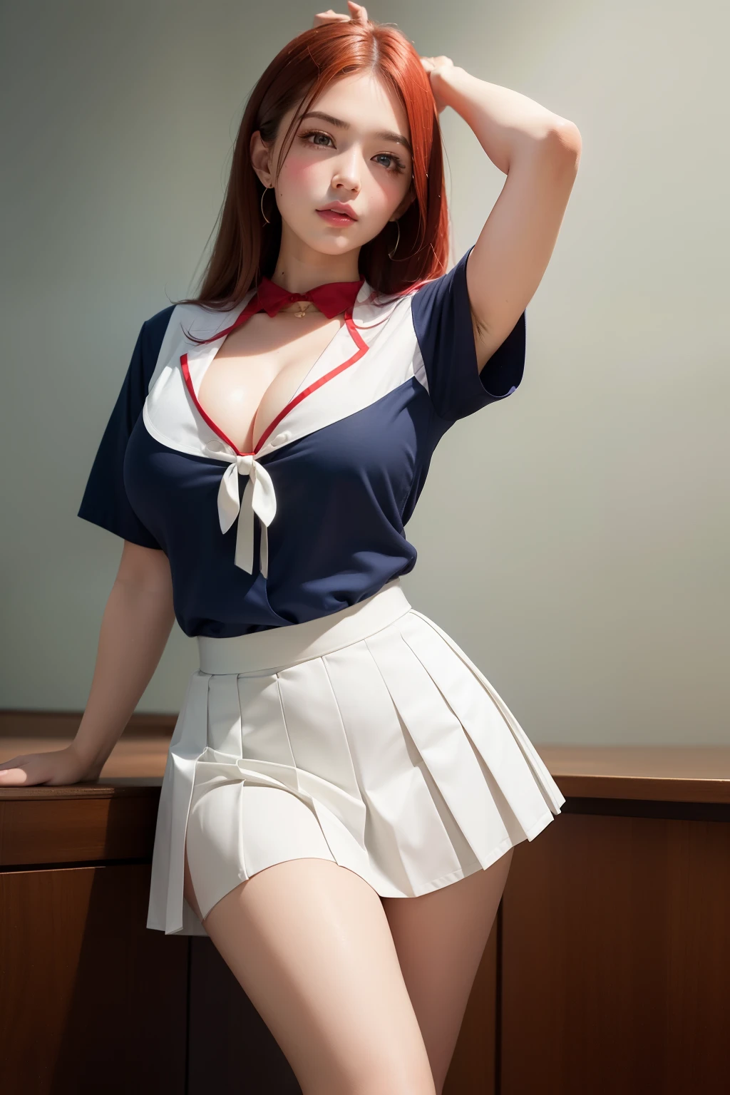 (masterpiece, best quality, cinematic, photorealistic, ultra-detailed), (1girl, japanese student), thicc, (medium shot:1.5), (smart-looking girl wearing white short-sleeved blouse with a sailor-style collar and a ribbon tie:1.4), (navy blue pleated skirt that falls just above the knees:1.4), (red hair, long straight hair:1.2), perfect hands, perfect face, (bursting breasts, large cleavage:1.4), (seductive pose:1.2), (green eyes, soft and shimmery eyeshadows, detailed pupils, defined eyelashes), (blushing, slightly parted lips, cherry lips:1.2), (gradient background:1.2), (armpit is shown:1.3), (looking at the viewer, chin up:1.4), (standing, sensual pose:1.4)