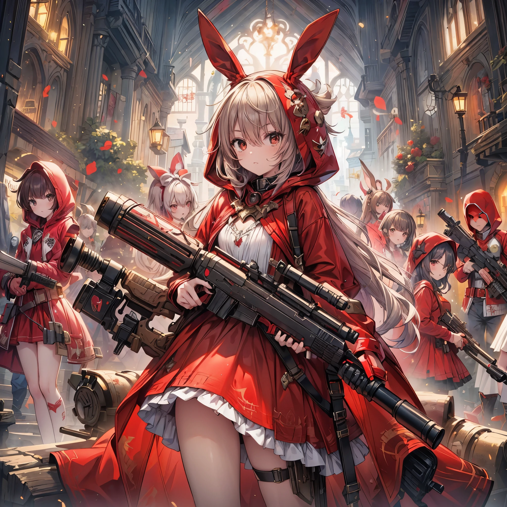 (masterpiece), best quality, fantasy art, many  girls in red hood and dress holding weapon at wonderland, (((everyone wearing red hood))), bunny ears, ammunition belt, gun, machine gun, gatling gun, hand gun,weapons, (red_hood:1.5)