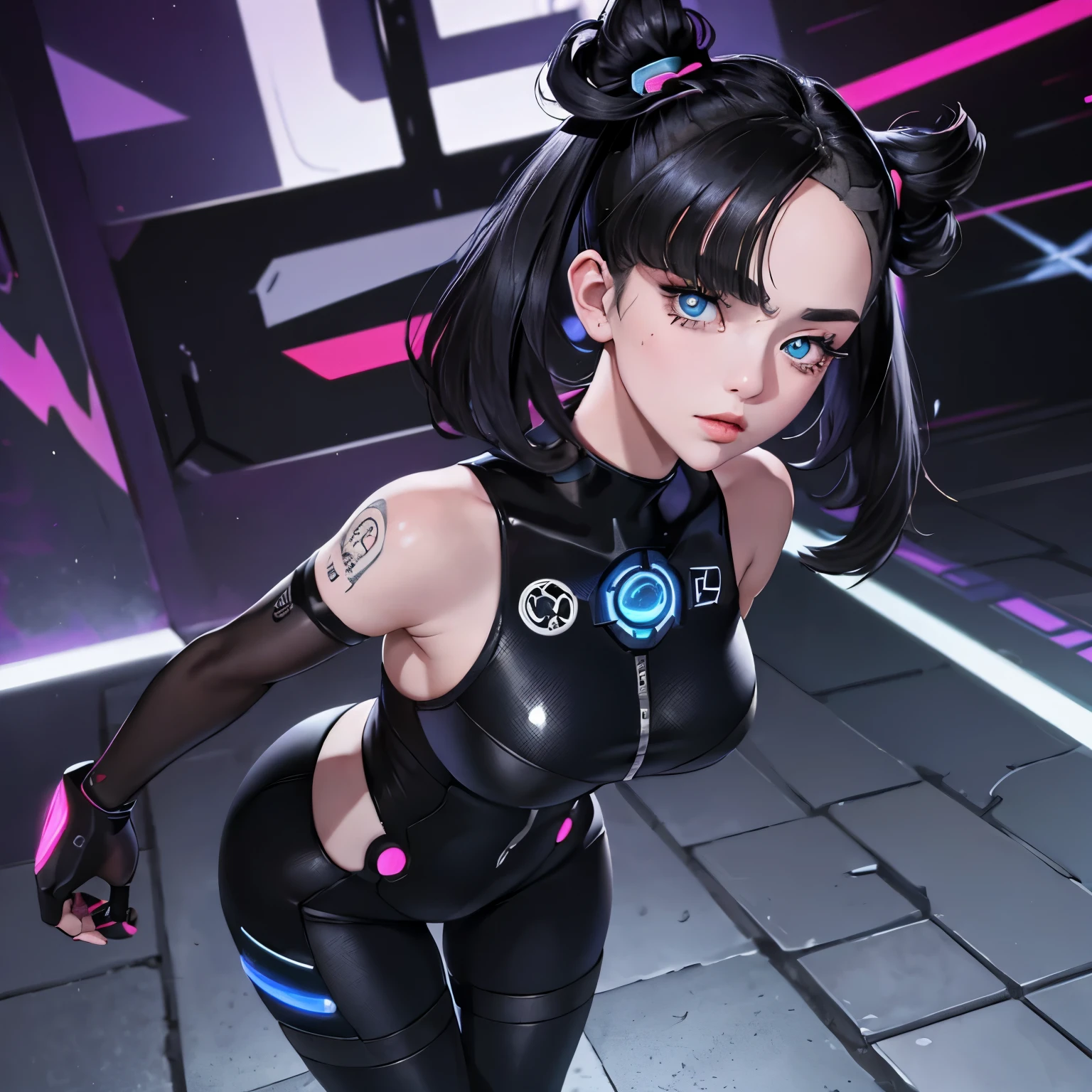 ((masterpiece, best quality)) Marnie, (pokemon) cyborg woman posing for a photo in London, cyberpunk aesthetic, neon lights, cyborg woman, dark techno aesthetic, industrial goth aesthetic, The Big Ben in the background, ultra detailed, photorealistic, asymmetrical, mide bangs, asymmetrical hair, black hair, Much hair, Modifications to the face, sexy eyes, hair ornament, short hair, messy hair, Big sleepy eyes, Detailed eye iris, masterpiece, Plump girl, fat ass, sexy body, techwear clothes, masterpiece. CyberRogueOld, 1girl, white hair, long hair, Lying flat with hands under the head