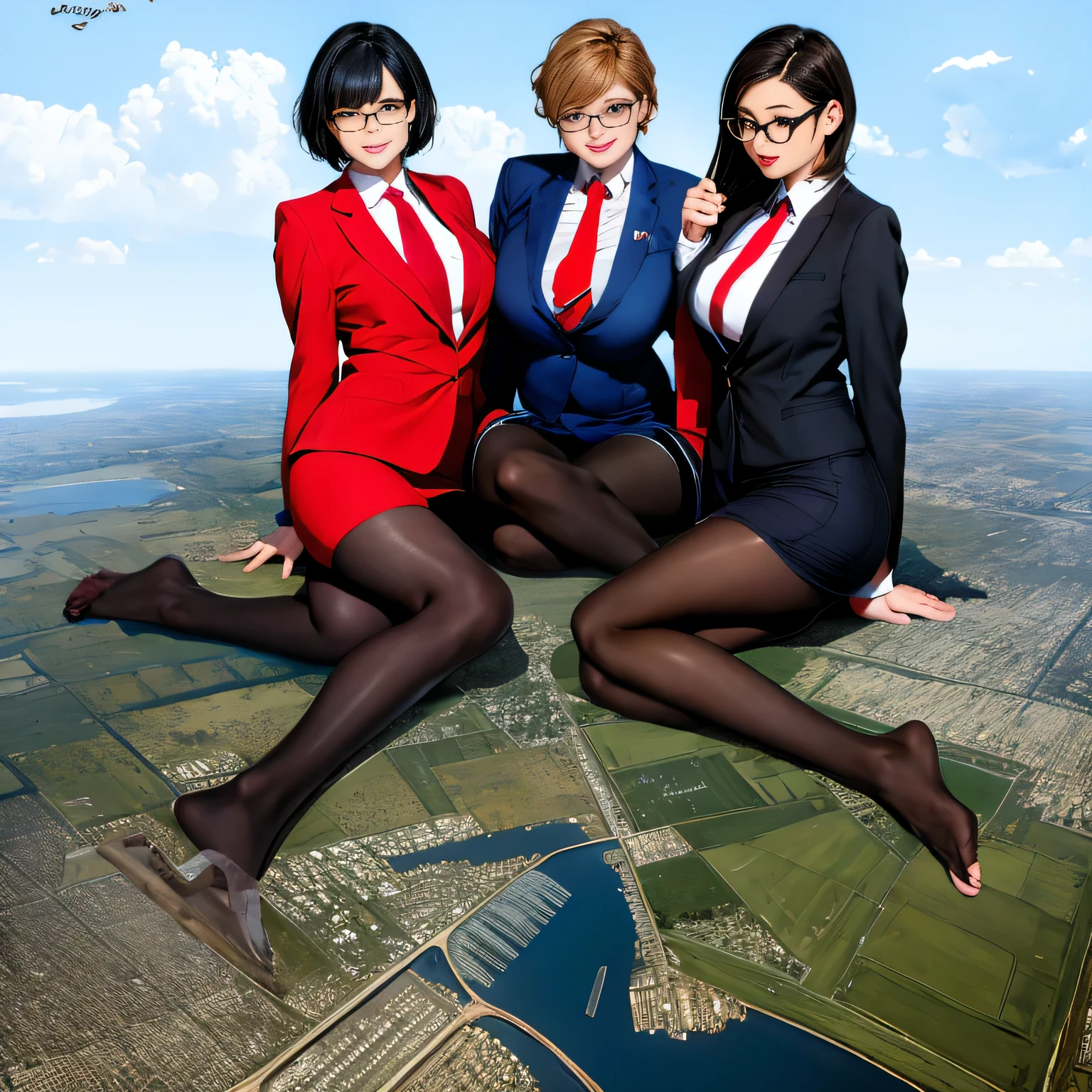 multiple girls, Giantの芸術, 非常に詳細なGiantショット, Giant, short hair, A high school girl who is much bigger than a skyscraper, wearing rimless glasses, big breasts, big ass, navy blue blazer, red tie, mini skirt, black pantyhose, pantyhose barefoot, Steam comes out from the soles of the feet, very small metropolis, miniature metropolis, crush the big city, full body description, ＧＴＳ, ギガGiant, Stomping City, crash city, Small town, micro city, High resolution, highest quality, masterpiece, 