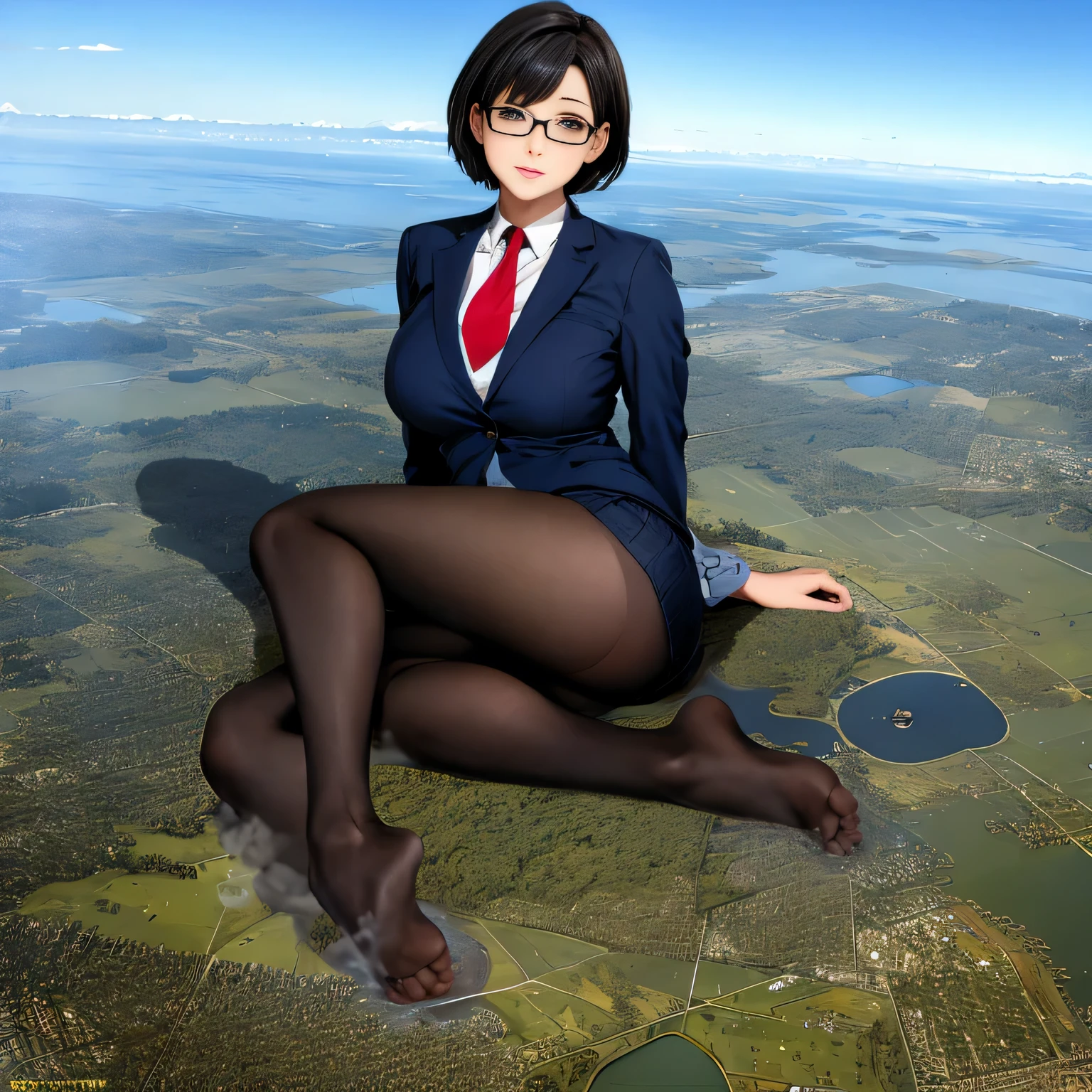 multiple girls, Giantの芸術, 非常に詳細なGiantショット, Giant, short hair, A high school girl who is much bigger than a skyscraper, wearing rimless glasses, big breasts, big ass, navy blue blazer, red tie, mini skirt, black pantyhose, pantyhose barefoot, Steam comes out from the soles of the feet, very small metropolis, miniature metropolis, crush the big city, full body description, ＧＴＳ, ギガGiant, Stomping City, crash city, Small town, micro city, High resolution, highest quality, masterpiece, 