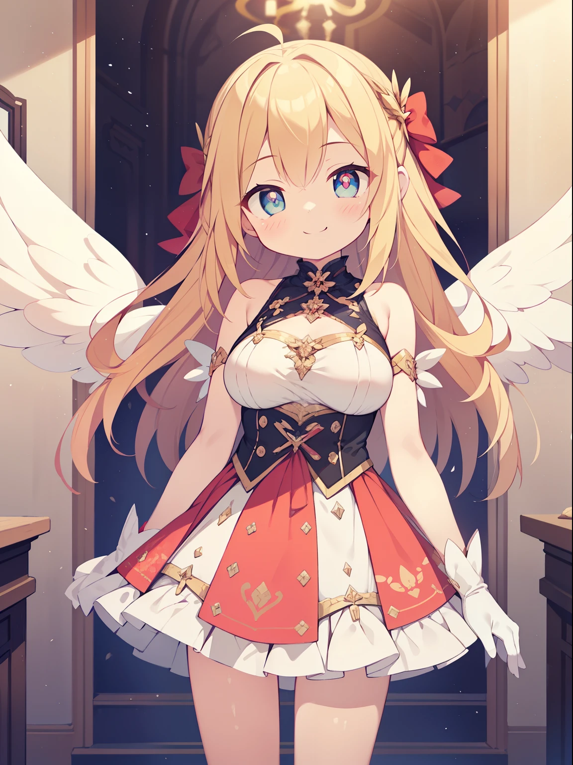 (angel girl:1.2), (1 person:1.2),(10 year old girl)、young girl、big breasts、 nffsw、shader、highly detailed eyes、big breasts、loose and fluffy long hair,,、side boob、Glossy cleavage、blonde、angel wings、silky hair、Angel attire(pink thin fabric、plain colors、mini skirt、plain silk gloves)、very complex eye pupil、highest quality、bright colors、Bust 100、rests、Standing picture of the game、Stirring composition、Composition looking up from below、Lift your with your hands、Pose that emphasizes the chest、fold your arms、grinning expression、eyes half closed、open your mouth、stinky eyes、evil face、Bullish smile、fold your hands behind your back、Hide your hands、evil smile、whole body、god々New