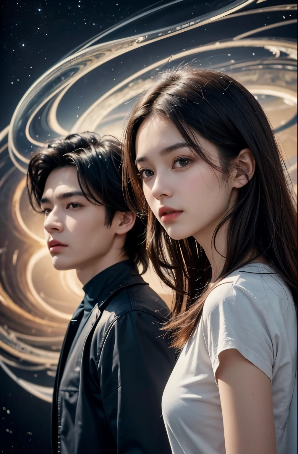 Upper body close-up image.A man and a woman are standing side by side. Both have beautiful features. He is 18 years old. The man has black hair. The woman has light brown hair. Both are dressed in modern clothing. In the background of the two is an image of a wormhole. 8K image quality.