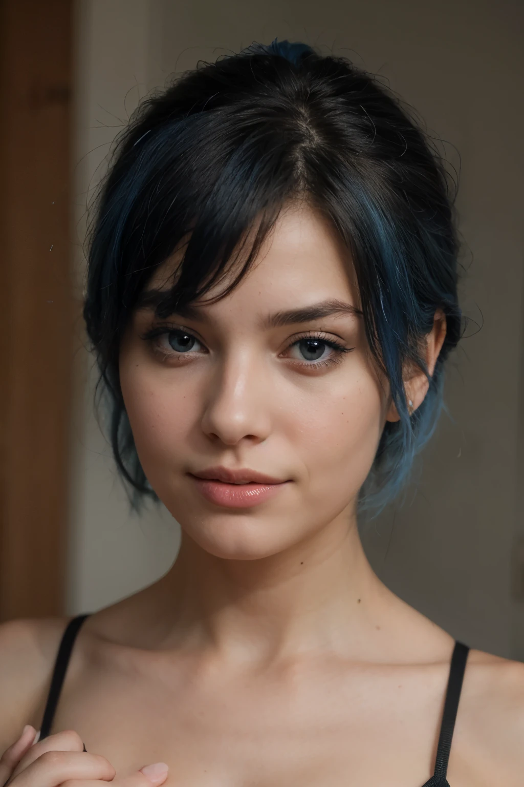 create a beautiful woman with a beautiful face, blue hair