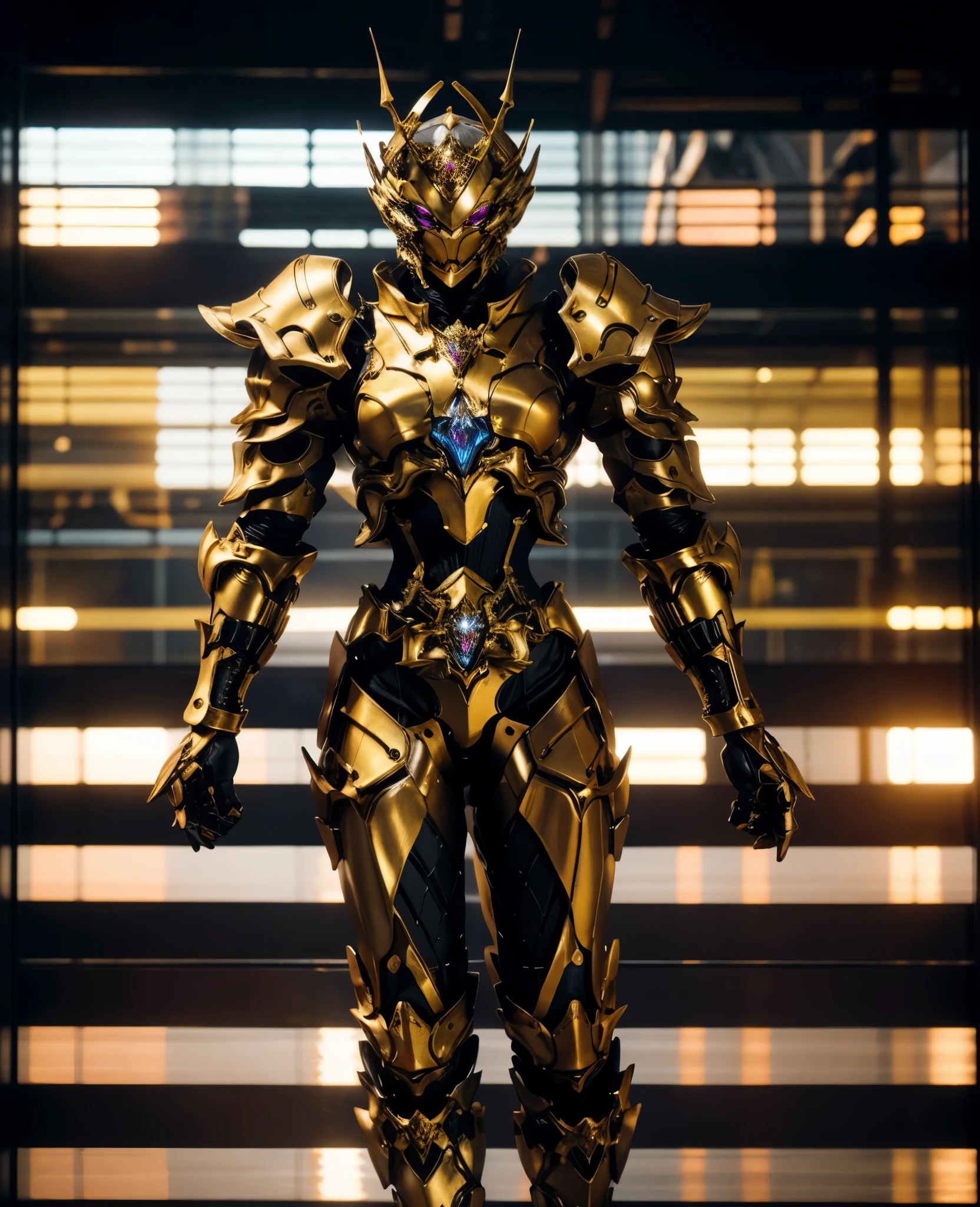 A woman adorned in fantasy-style full-body armor, a crown-concept fully enclosed helmet that unveils only her eyes, a composite layered chest plate, fully encompassing shoulder and hand guards, a lightweight waist armor, form-fitting shin guards, the overall design is heavy-duty yet flexible, the armor gleams with a golden glow, complemented by red and blue accents, exhibiting a noble aura, she floats above a fantasy-surreal high-tech city, this character embodies a finely crafted fantasy-surreal style armored hero in anime style, exquisite and mature manga art style, Queen Bee Concept Armor, ((goddess, femminine)), long legs, metallic, elegant, high definition, best quality, highres, ultra-detailed, ultra-fine painting, extremely delicate, professional, anatomically correct, symmetrical face, extremely detailed eyes and face, high quality eyes, creativity, RAW photo, UHD, 32k, Natural light, cinematic lighting, masterpiece-anatomy-perfect, masterpiece:1.5