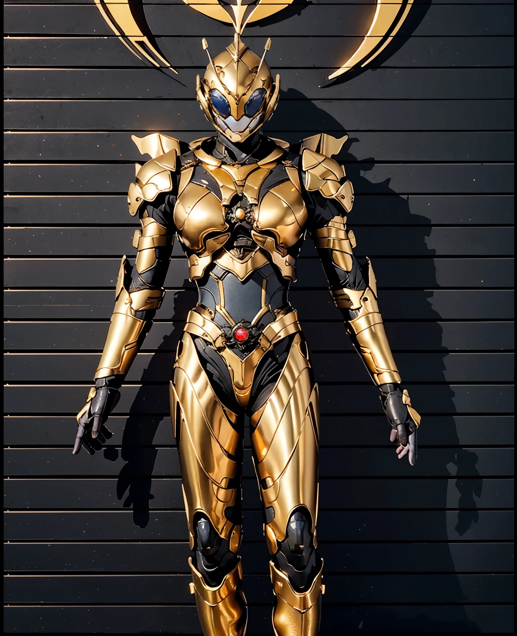 A woman adorned in fantasy-style full-body armor, a crown-concept fully enclosed helmet that unveils only her eyes, a composite layered chest plate, fully encompassing shoulder and hand guards, a lightweight waist armor, form-fitting shin guards, the overall design is heavy-duty yet flexible, the armor gleams with a golden glow, complemented by red and blue accents, exhibiting a noble aura, she floats above a fantasy-surreal high-tech city, this character embodies a finely crafted fantasy-surreal style armored hero in anime style, exquisite and mature manga art style, Queen Bee Concept Armor, ((goddess, femminine)), long legs, metallic, elegant, high definition, best quality, highres, ultra-detailed, ultra-fine painting, extremely delicate, professional, anatomically correct, symmetrical face, extremely detailed eyes and face, high quality eyes, creativity, RAW photo, UHD, 32k, Natural light, cinematic lighting, masterpiece-anatomy-perfect, masterpiece:1.5