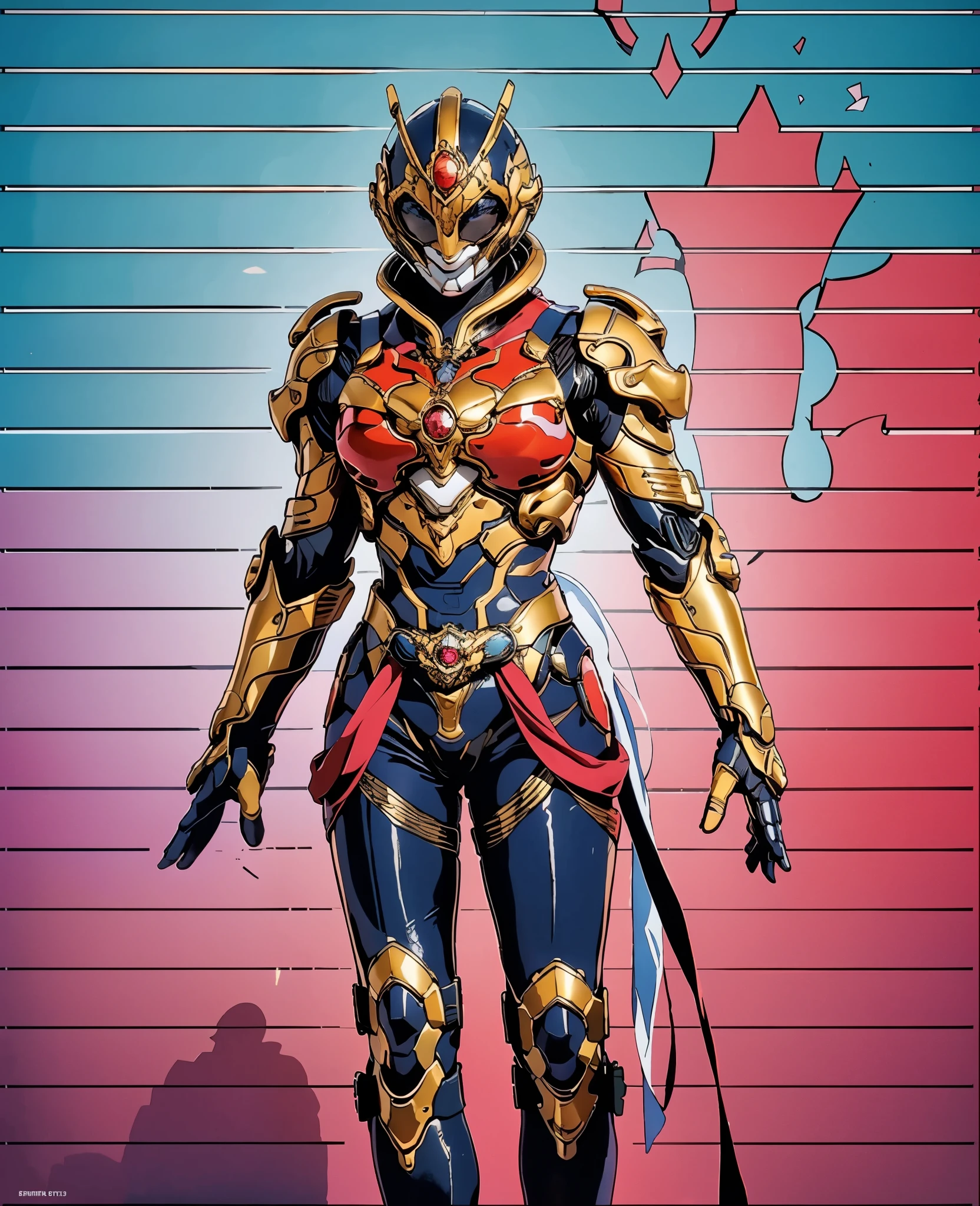 A woman adorned in fantasy-style full-body armor, a crown-concept fully enclosed helmet that unveils only her eyes, a composite layered chest plate, fully encompassing shoulder and hand guards, a lightweight waist armor, form-fitting shin guards, the overall design is heavy-duty yet flexible, the armor gleams with a golden glow, complemented by red and blue accents, exhibiting a noble aura, she floats above a fantasy-surreal high-tech city, this character embodies a finely crafted fantasy-surreal style armored hero in anime style, exquisite and mature manga art style, Queen Bee Concept Armor, ((goddess, femminine)), long legs, metallic, elegant, high definition, best quality, highres, ultra-detailed, ultra-fine painting, extremely delicate, professional, anatomically correct, symmetrical face, extremely detailed eyes and face, high quality eyes, creativity, RAW photo, UHD, 32k, Natural light, cinematic lighting, masterpiece-anatomy-perfect, masterpiece:1.5