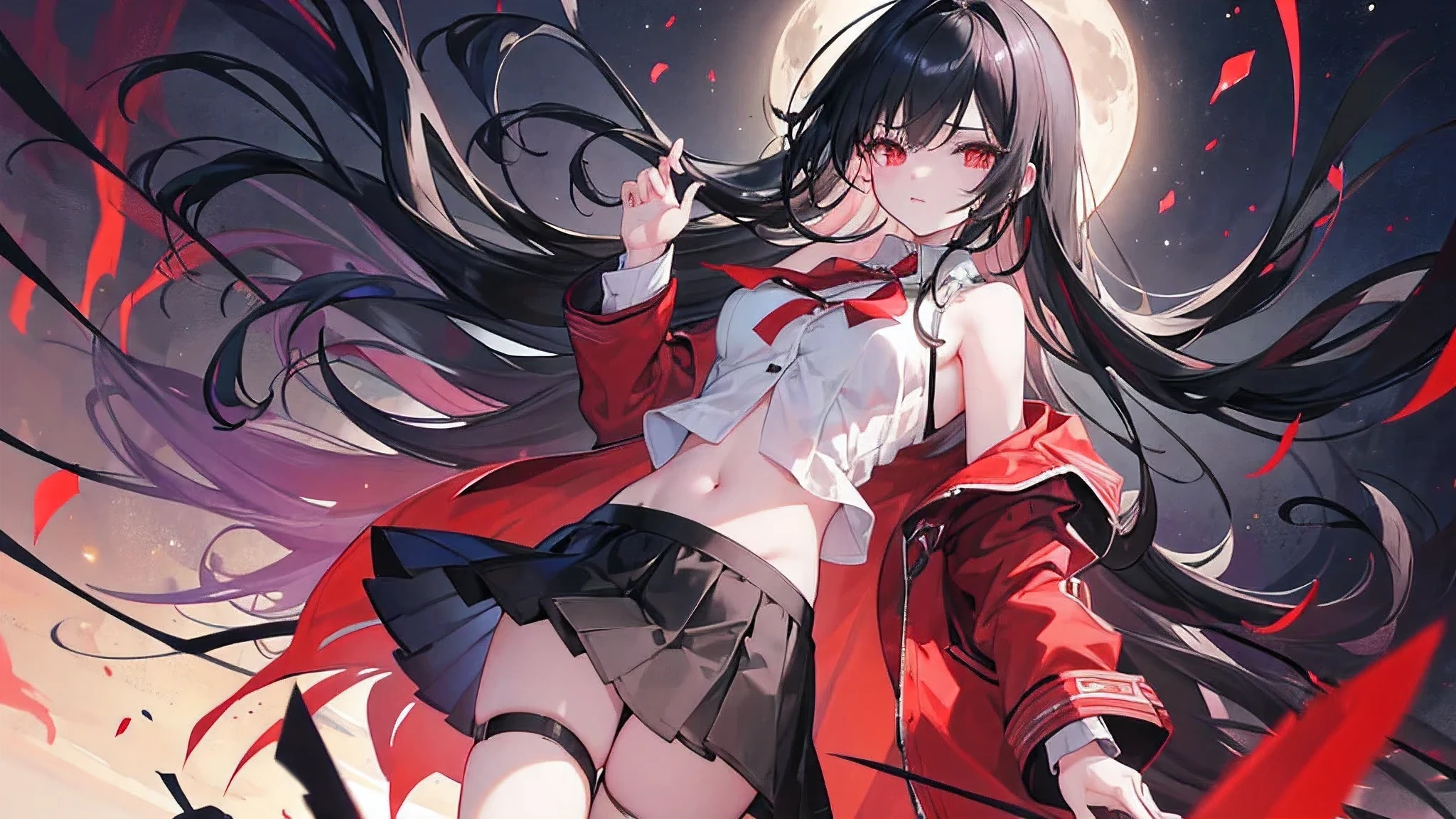 (masterpiece: 1.2, best quality), (Exquisite and beautiful eyes: 1.2), (Very detailed CG unified 8k wallpaper, masterpiece, best quality, Super detailed, best shadow), (Detailed background), (beautifull detailed face, beautiful details eyes), high contrast, (best lighting, extremely delicate and beautiful), 1girl, (Colored paint splattered on transparent background, more,)), dynamic angle, Partially unbuttoned, huge_File size, girl, hair past shoulders, Ridiculously long hair, black hair, striped hair, red and black hair, Alcohol, red eyes, medium breasts, collared shirt, jacket, (navel), only_Shoulder, short skirt, Cross lace_footwear, kawaii, Dusk backlight, landscape, 城市landscape, full_moon, night, onlyleged, Serious, giggle
