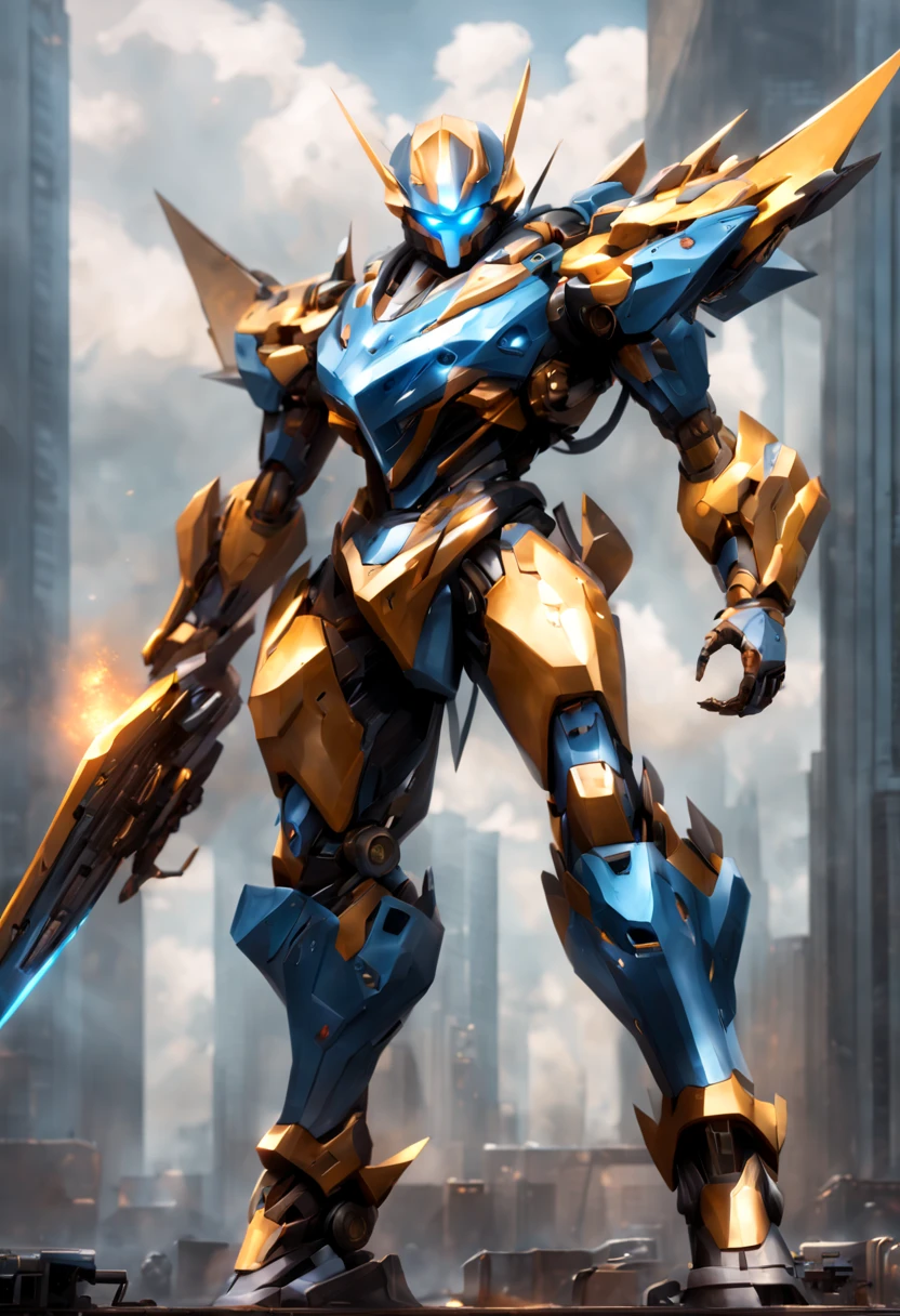 A Mecha Warrior,metallic armor,sharp edges,giant robotic suit,advanced weaponry,glowing energy core,massive and imposing stature,hovering above the ground,mechanical joints and pistons,with precision and agility,engaging in an intense battle,destructive explosions and debris flying,towering over the cityscape,dominating the skyline,atmospheric and moody lighting,urban dystopian setting,high-tech,sci-fi style,saturated colors with a cool blue tint,highly detailed with intricate mechanical details and textures,ultra-high resolution(masterpiece:1.2),photo-realistic rendering,vivid and intense battle scene,HDR lighting effects.