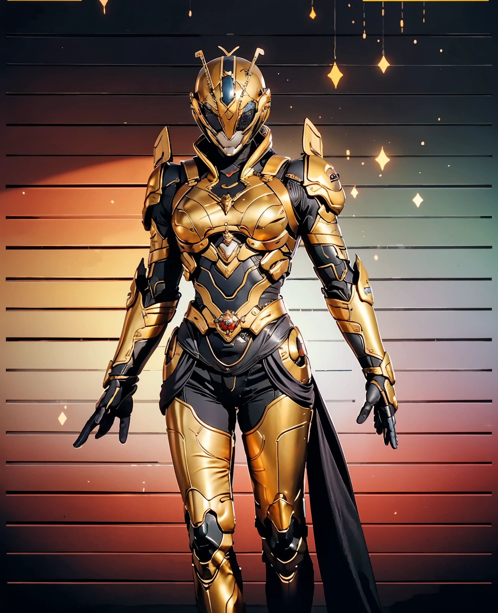 A woman adorned in fantasy-style full-body armor, a crown-concept fully enclosed helmet that unveils only her eyes, a composite layered chest plate, fully encompassing shoulder and hand guards, a lightweight waist armor, form-fitting shin guards, the overall design is heavy-duty yet flexible, the armor gleams with a golden glow, complemented by red and blue accents, exhibiting a noble aura, she floats above a fantasy-surreal high-tech city, this character embodies a finely crafted fantasy-surreal style armored hero in anime style, exquisite and mature manga art style, Queen Bee Concept Armor, ((goddess, femminine)), long legs, metallic, elegant, high definition, best quality, highres, ultra-detailed, ultra-fine painting, extremely delicate, professional, anatomically correct, symmetrical face, extremely detailed eyes and face, high quality eyes, creativity, RAW photo, UHD, 32k, Natural light, cinematic lighting, masterpiece-anatomy-perfect, masterpiece:1.5