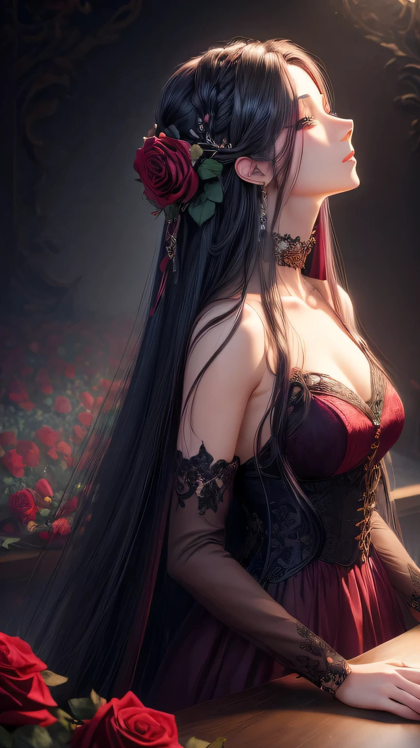 (Beauty side,Long dyed hair,Close your eyes,Roses Masterpiece),rainbow background, (illustration, art, confuse, 3D rendering),(Best quality, detailed information, table, offcial art, Lighting effects for films, 4K, chiaroscuro)、face 4/3 covered in roses