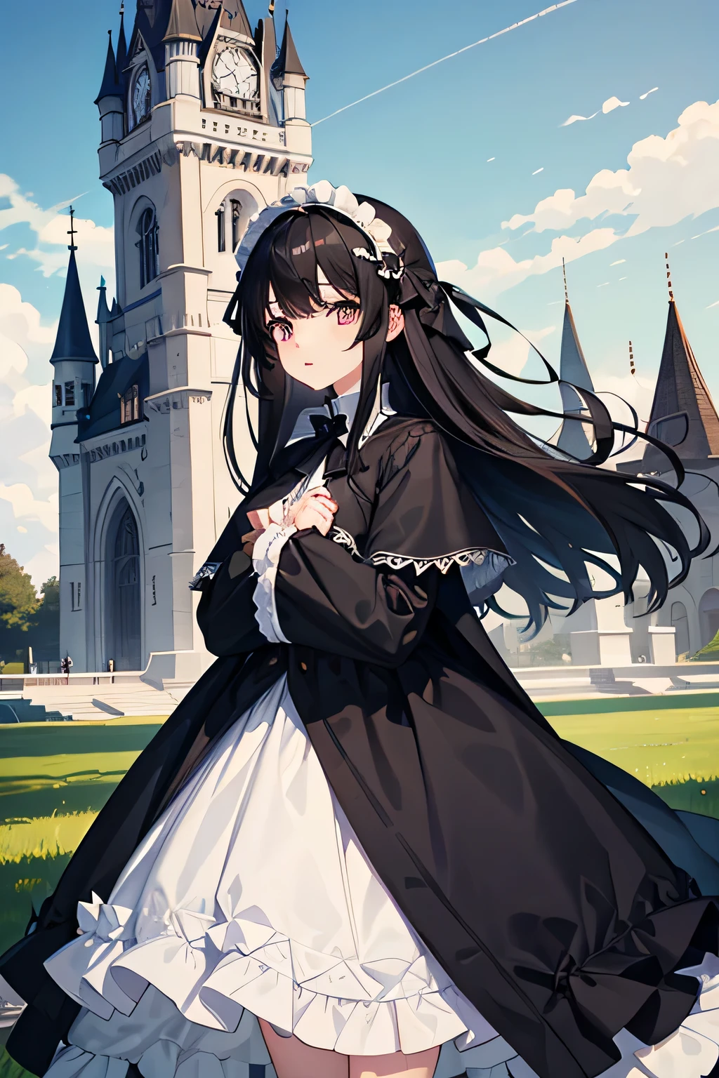 black haired, Lolita with white eyes standing in front of the castle, Black plain cloak,large areas of skin,SFW,