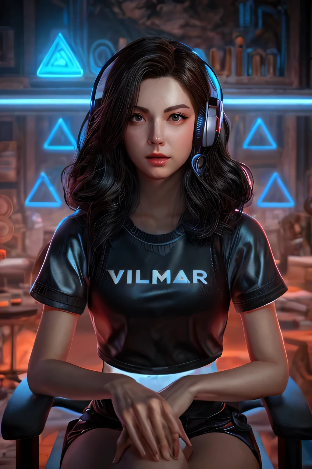 Mujer sentada en una silla con los auriculares puestos, valorando character, Avatar de videojuegos, valorando style, para contratar artista 3d, valorando game style, Renderizado 3D de videojuegos, germen de arte ; motor irreal 3d, alena aenami and germen de arte, valorando, 3 D demo reel avatar