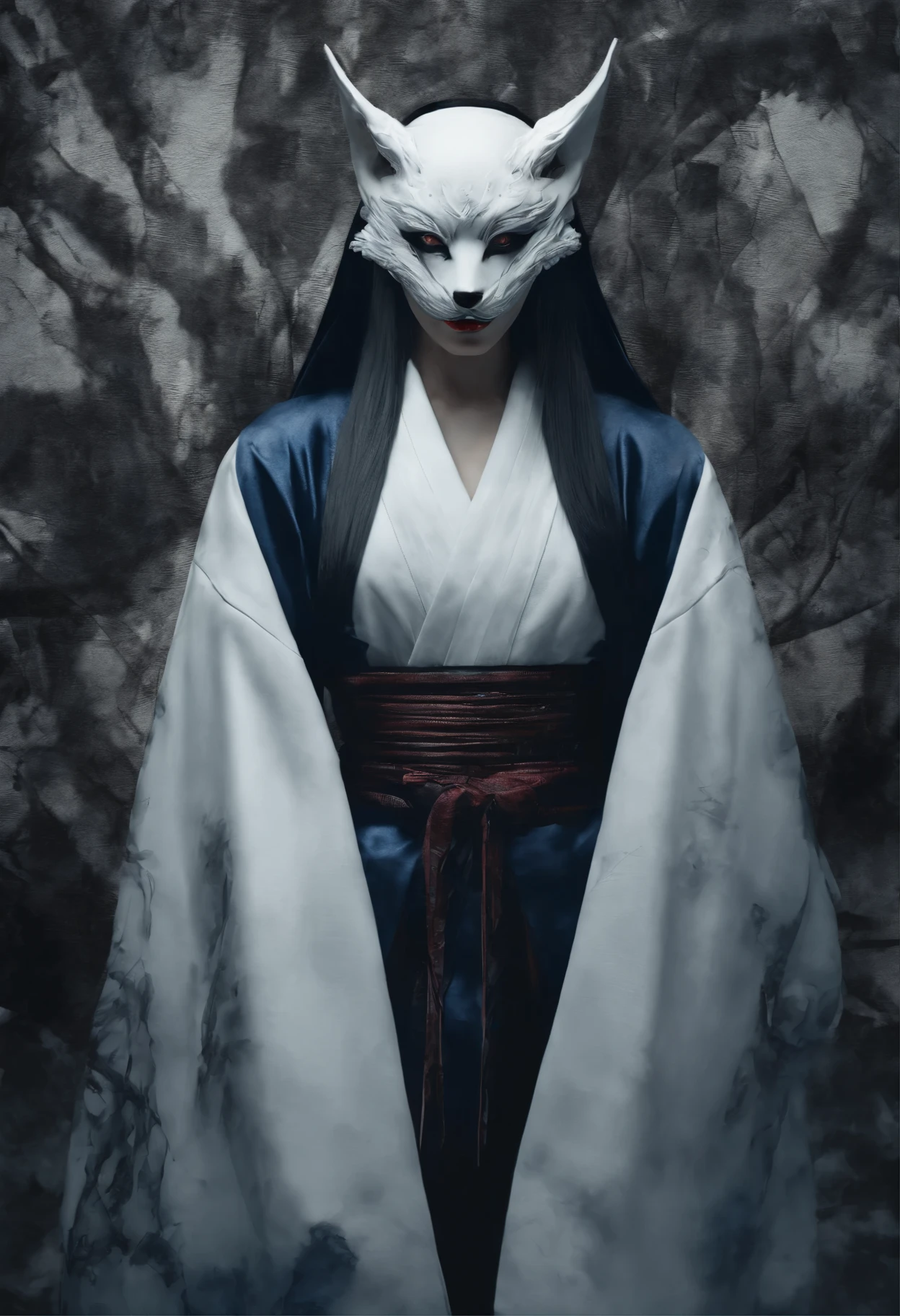 (Best quality,4K,8K,A high resolution,Masterpiece:1.2),Ultra-detailed,(Realistic,Photorealistic,photo-realistic:1.37) woman, white kimono, fox mask, samurai, katana, glow blue eyes, opened half the katana, Kyoto backgrounds