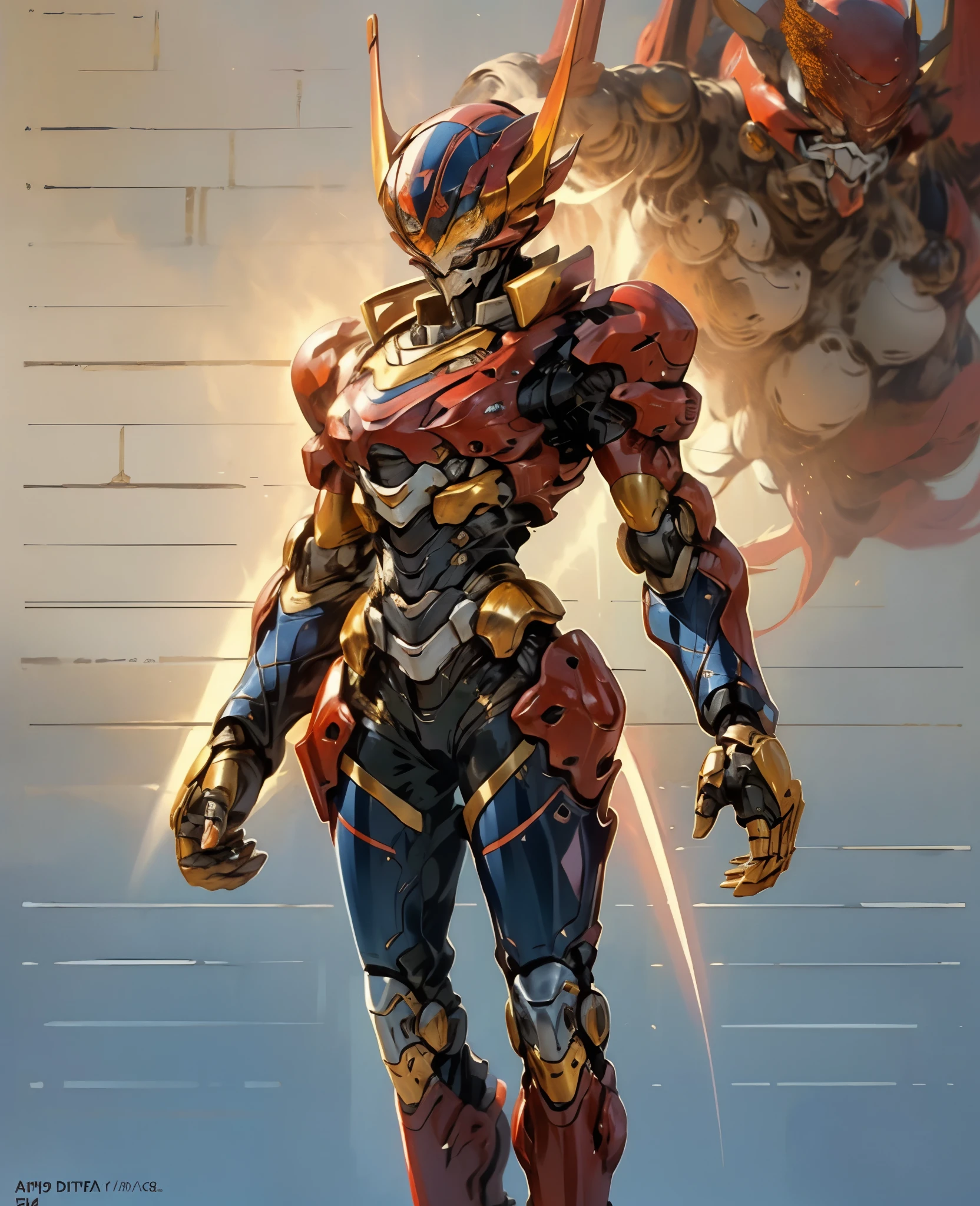 A woman adorned in fantasy-style full-body armor, a crown-concept fully enclosed helmet that unveils only her eyes, a composite layered chest plate, fully encompassing shoulder and hand guards, a lightweight waist armor, form-fitting shin guards, the overall design is heavy-duty yet flexible, the armor gleams with a golden glow, complemented by red and blue accents, exhibiting a noble aura, she floats above a fantasy-surreal high-tech city, this character embodies a finely crafted fantasy-surreal style armored hero in anime style, exquisite and mature manga art style, Queen Bee Concept Armor, ((goddess, femminine)), long legs, metallic, elegant, high definition, best quality, highres, ultra-detailed, ultra-fine painting, extremely delicate, professional, anatomically correct, symmetrical face, extremely detailed eyes and face, high quality eyes, creativity, RAW photo, UHD, 32k, Natural light, cinematic lighting, masterpiece-anatomy-perfect, masterpiece:1.5