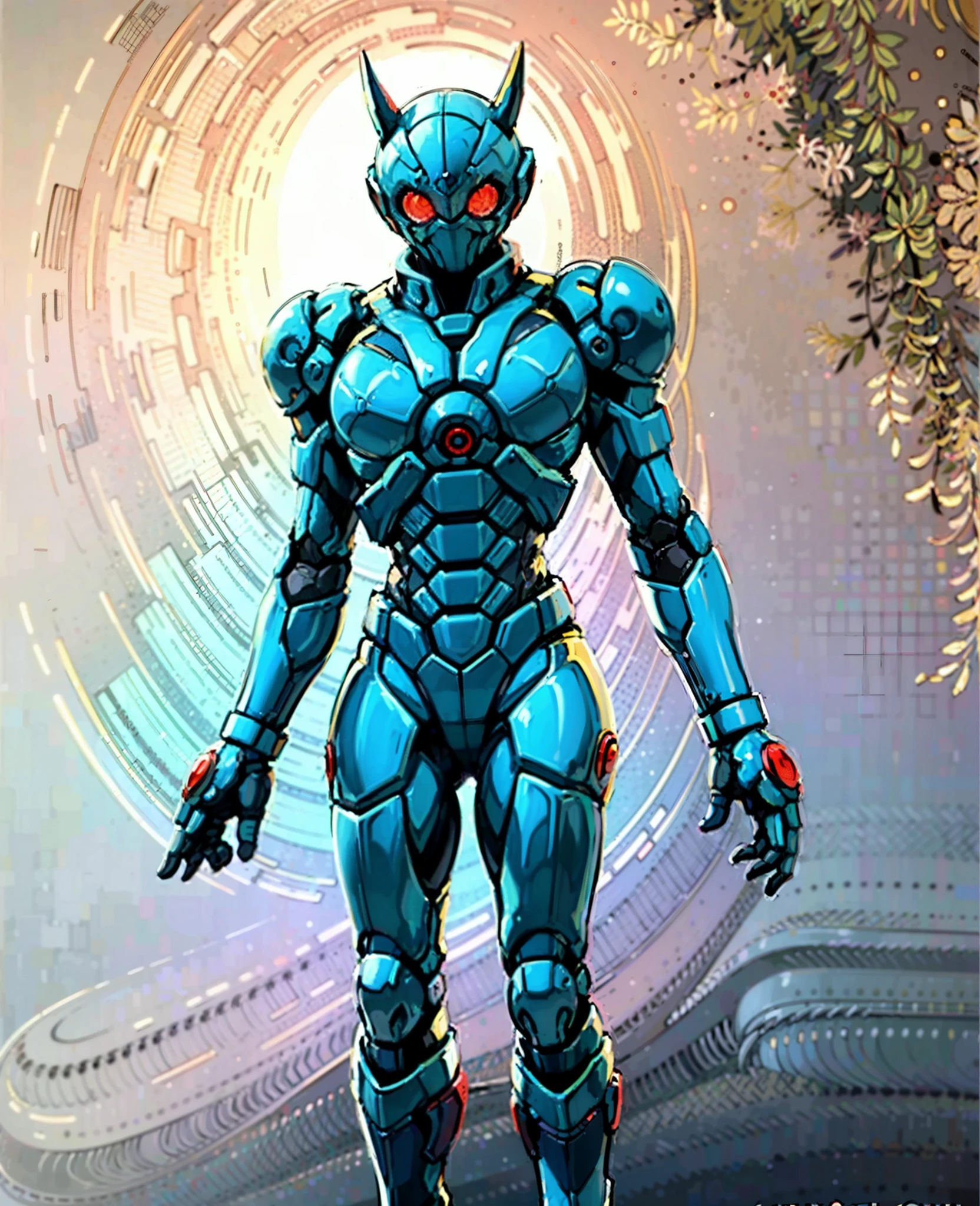 A woman adorned in fantasy-style full-body armor, a crown-concept fully enclosed helmet that unveils only her eyes, a composite layered chest plate, fully encompassing shoulder and hand guards, a lightweight waist armor, form-fitting shin guards, the overall design is heavy-duty yet flexible, the armor gleams with a golden glow, complemented by red and blue accents, exhibiting a noble aura, she floats above a fantasy-surreal high-tech city, this character embodies a finely crafted fantasy-surreal style armored hero in anime style, exquisite and mature manga art style, goddess, femminine, long legs, metallic, elegant, high definition, best quality, highres, ultra-detailed, ultra-fine painting, extremely delicate, professional, anatomically correct, symmetrical face, extremely detailed eyes and face, high quality eyes, creativity, RAW photo, UHD, 32k, Natural light, cinematic lighting, masterpiece-anatomy-perfect, masterpiece:1.5