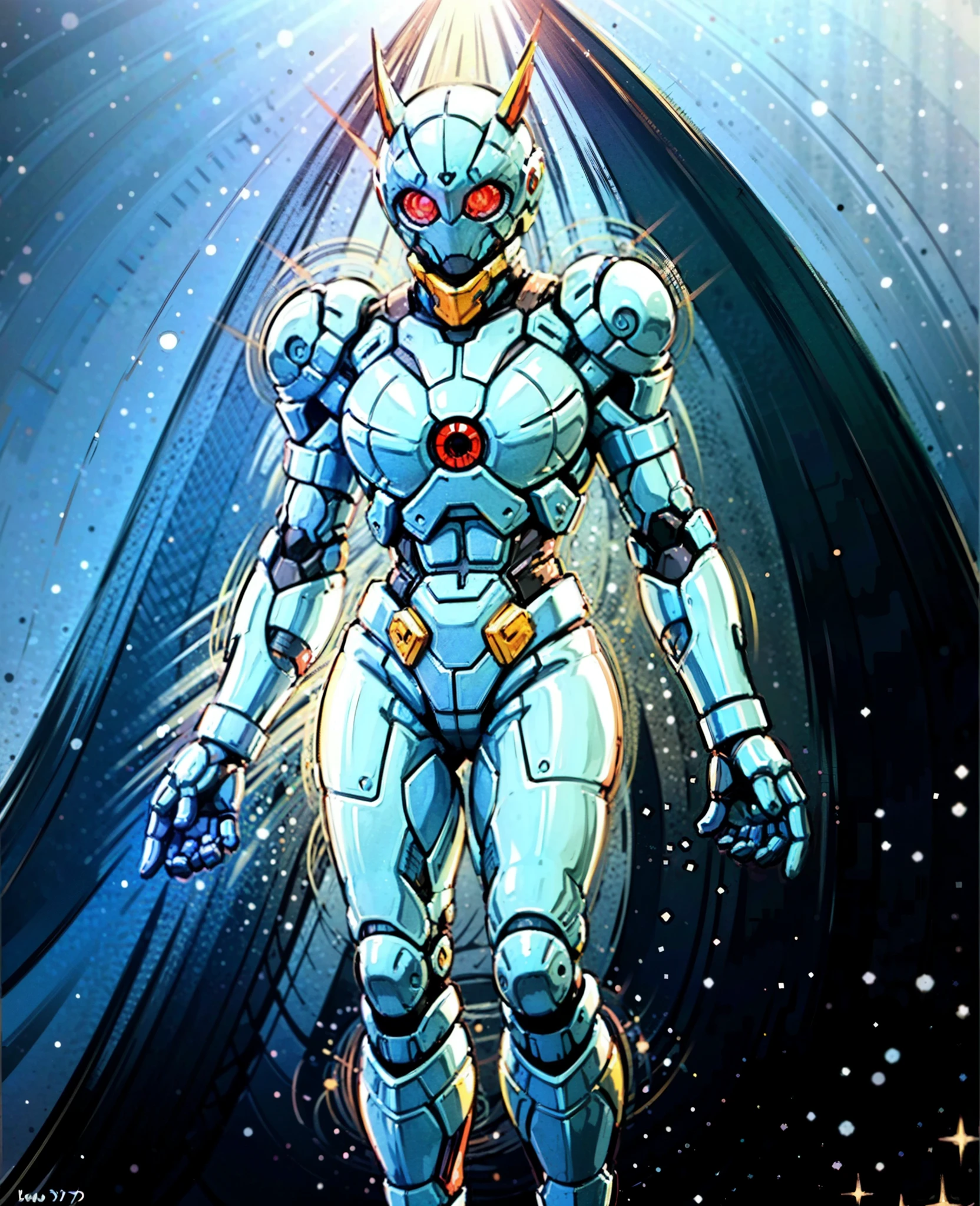A woman adorned in fantasy-style full-body armor, a crown-concept fully enclosed helmet that unveils only her eyes, a composite layered chest plate, fully encompassing shoulder and hand guards, a lightweight waist armor, form-fitting shin guards, the overall design is heavy-duty yet flexible, the armor gleams with a golden glow, complemented by red and blue accents, exhibiting a noble aura, she floats above a fantasy-surreal high-tech city, this character embodies a finely crafted fantasy-surreal style armored hero in anime style, exquisite and mature manga art style, goddess, femminine, long legs, metallic, elegant, high definition, best quality, highres, ultra-detailed, ultra-fine painting, extremely delicate, professional, anatomically correct, symmetrical face, extremely detailed eyes and face, high quality eyes, creativity, RAW photo, UHD, 32k, Natural light, cinematic lighting, masterpiece-anatomy-perfect, masterpiece:1.5