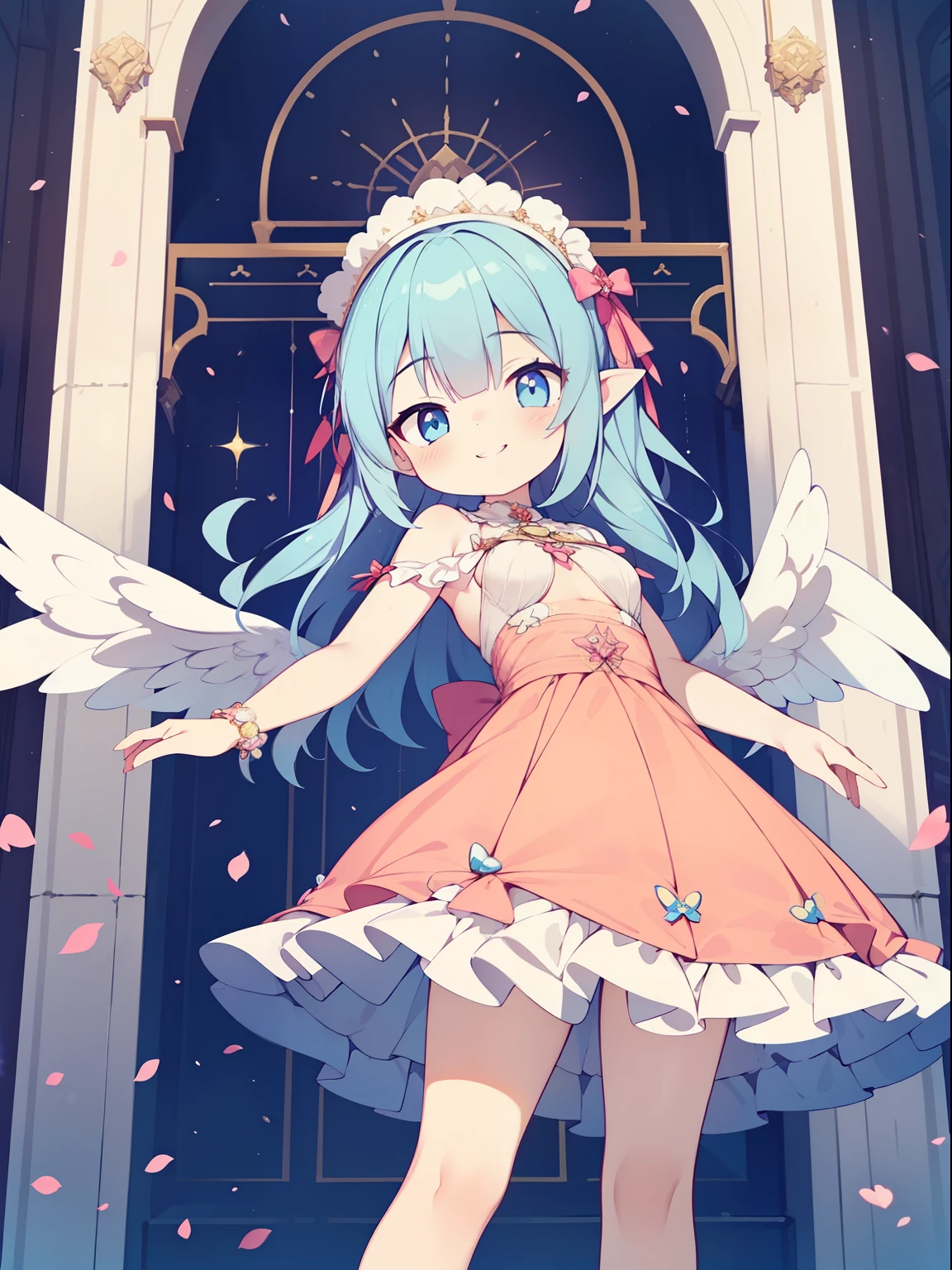 (angel girl:1.2), (1 person:1.2),(10 year old girl)、young girl、big breasts、 nffsw、shader、highly detailed eyes、big breasts、loose and fluffy long hair,、underboob、Glossy cleavage、light blue hair、angel wings、silky hair、Angel attire(pink sheer dress、Plain color、mini skirt、Plain colorのシルク手袋)、very complex eye pupil、highest quality、bright colors、Bust 100、rests、Standing picture of the game、Stirring composition、Composition looking up from below、Lift your with your hands、Pose that emphasizes the chest、fold your arms、grinning expression、eyes half closed、open your mouth、stinky eyes、evil face、Bullish smile、fold your hands behind your back、Hide your hands、evil smile、whole body、god々New