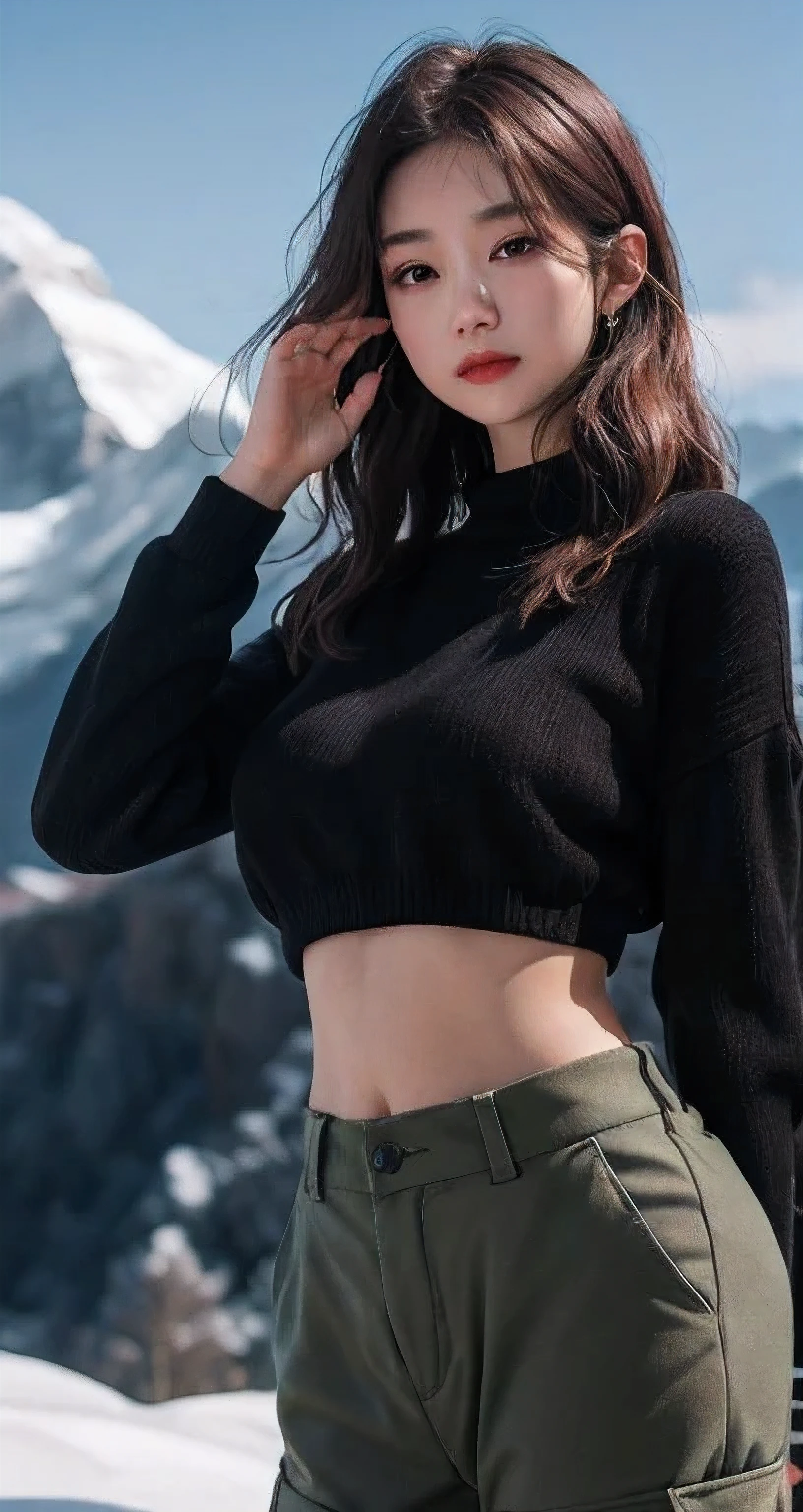 Best Quality Detail:1.2, realisitic, 8K UHD, hight resolution, 1girl in:1.2, The ultra-detailliert, High quality textures, intricate detailes, detaileds, Very detailed CG, High quality shadows, Detail Beautiful delicate face, Detail Beautiful delicate eyes, depth of fields, Ray traching, masterpiece, best quality,ulzzang -6500-v1.1:0.6, pureerosface_v1, Pretty korean Girl, Korean Urzan Face:1.1, milf, 28 year old woman,long neon dark red hair,shiny_skin,thin_waist,huge breasts,wearing a black oversize sweater and cargo pants, 4K 8K UHD Full Color RAW Photos, Fuji Film(Medium format:1.2), Hasselblad:1.2, Carl zeiss:1.1, Incredible dynamic range photography(UTIL_Art by Smoose-768:1.1), hight resolution, High pixel count, clear details, crisp image, Natural color reproduction, Noise Reduction, High fidelity, qulity, Software Improvements, Upscaling, Optimized algorithms, Pro-level retouching,crowd:1.1,depth of field,looking at viewer,random pose walking at the everest mountain background, dreamy vacation paradise,random pose,