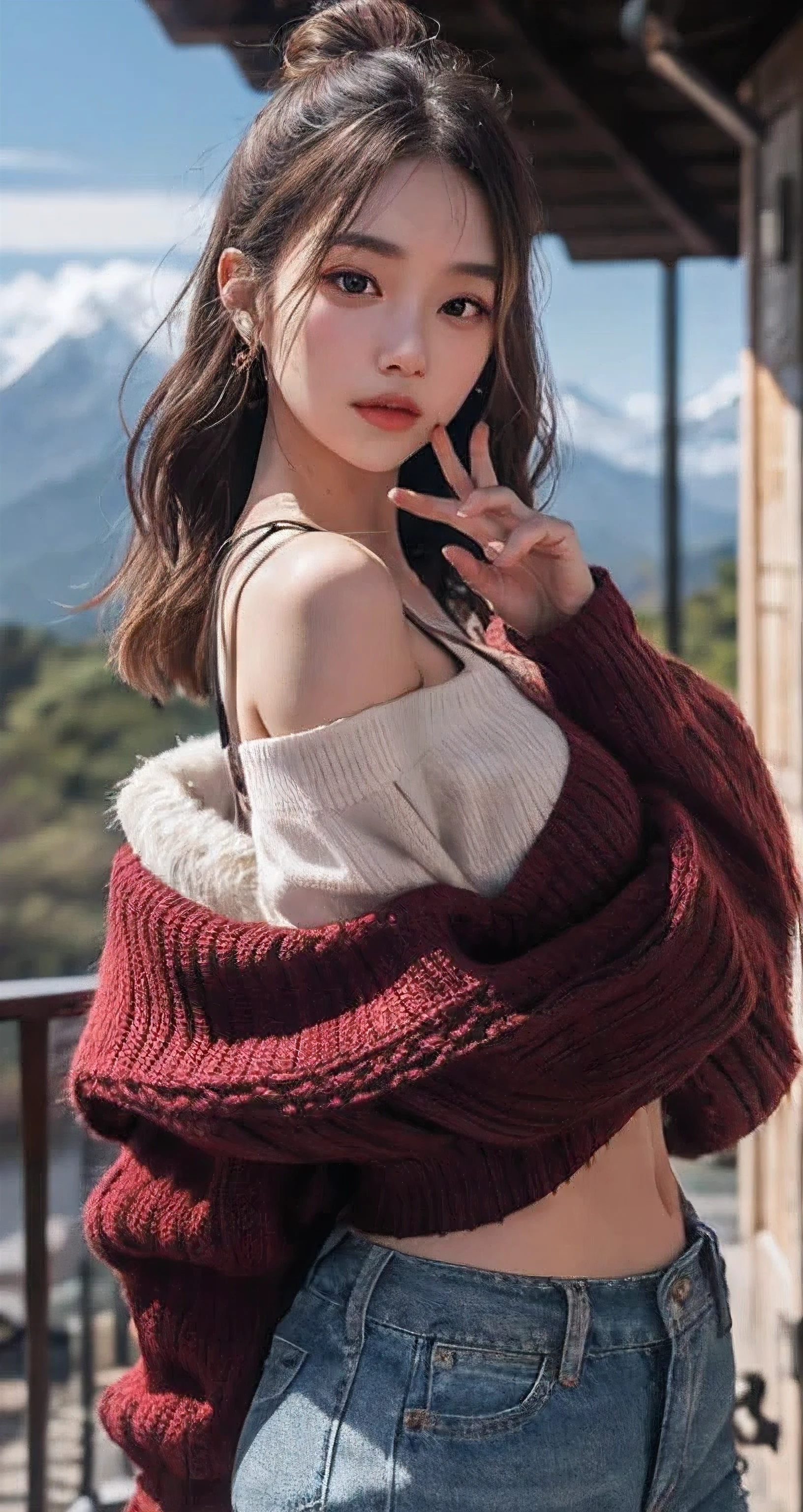 Best Quality Detail:1.2, realisitic, 8K UHD, hight resolution, 1girl in:1.2, The ultra-detailliert, High quality textures, intricate detailes, detaileds, Very detailed CG, High quality shadows, Detail Beautiful delicate face, Detail Beautiful delicate eyes, depth of fields, Ray traching, masterpiece, best quality,ulzzang -6500-v1.1:0.6, pureerosface_v1, Pretty korean Girl, Korean Urzan Face:1.1, milf, 28 year old woman,long neon dark red hair,shiny_skin,thin_waist,huge breasts,wearing a black oversize sweater and cargo pants, 4K 8K UHD Full Color RAW Photos, Fuji Film(Medium format:1.2), Hasselblad:1.2, Carl zeiss:1.1, Incredible dynamic range photography(UTIL_Art by Smoose-768:1.1), hight resolution, High pixel count, clear details, crisp image, Natural color reproduction, Noise Reduction, High fidelity, qulity, Software Improvements, Upscaling, Optimized algorithms, Pro-level retouching,crowd:1.1,depth of field,looking at viewer,random pose walking at the everest mountain background, dreamy vacation paradise,random pose,