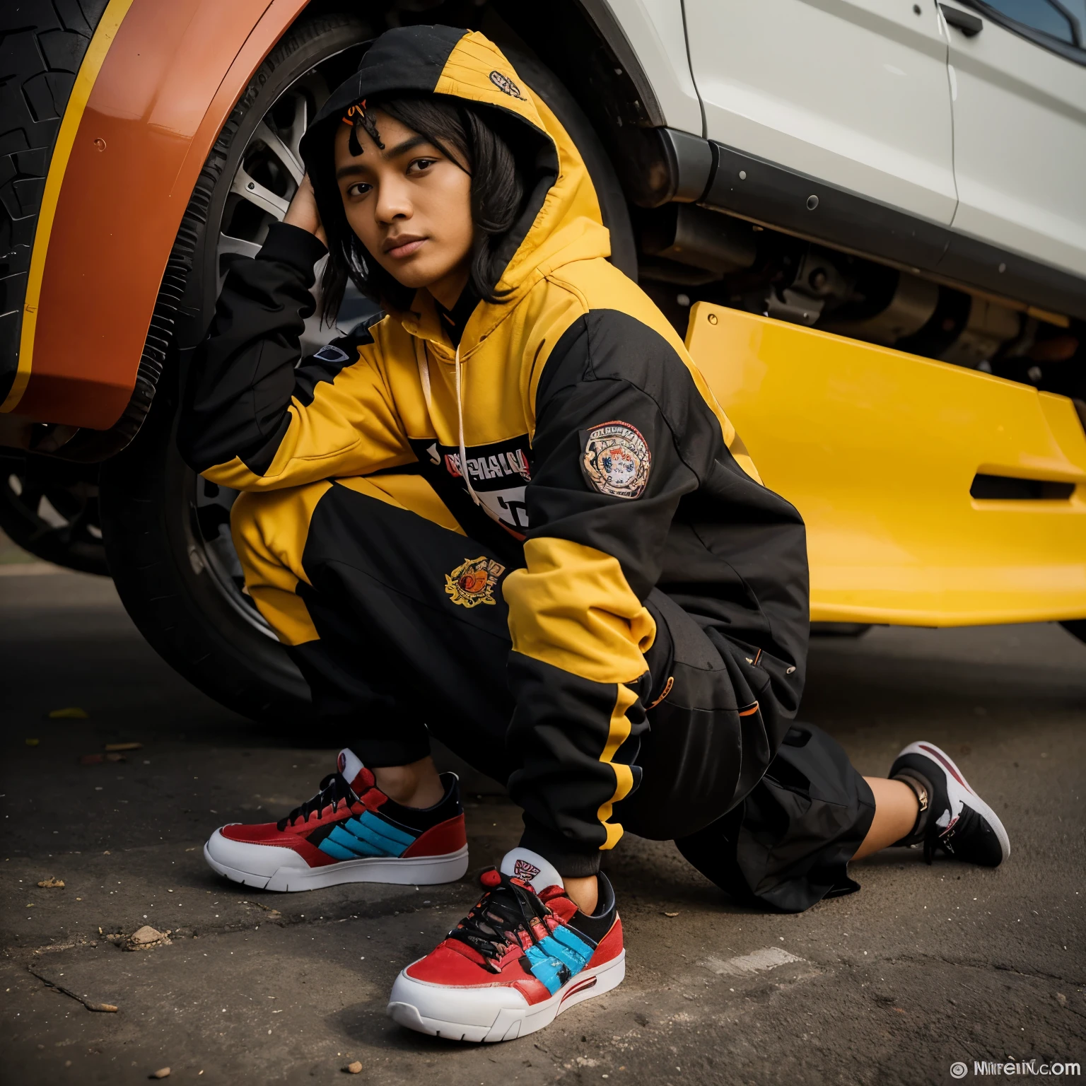 Karikatur 4D pria Indonesia berambut pendek, mengenakan hoodie dan sepatu kets, mengendarai skuter matic di dekat pantai dengan latar belakang jalanan indonesia, hiper-realistis, kontras tinggi, efek warna tinggi, 8K, detail, fokus