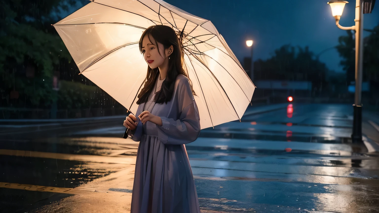 A Chinese girl stands under the peach tree on Rain Street, Wear a long skirt, Holding a transparent umbrella. She is full of energy,eagerly awaiting love. The artwork should be a high-quality masterpiece (best quality, 4K, 8k, high resolution, masterpiece:1.2) with ultra-detailed (actual, photoactual, photo-actual:1.37) ciri. The medium can be oil painting. Other details include raindrops falling on an umbrella, Wet texture of girl's clothes, and gleaming sidewalks reflecting streetlights. Color tones should be vibrant,Reflect the mood of a rainy day. Lighting should create a soft and romantic atmosphere, Subtle shadows under umbrellas and warm glow from street lights.