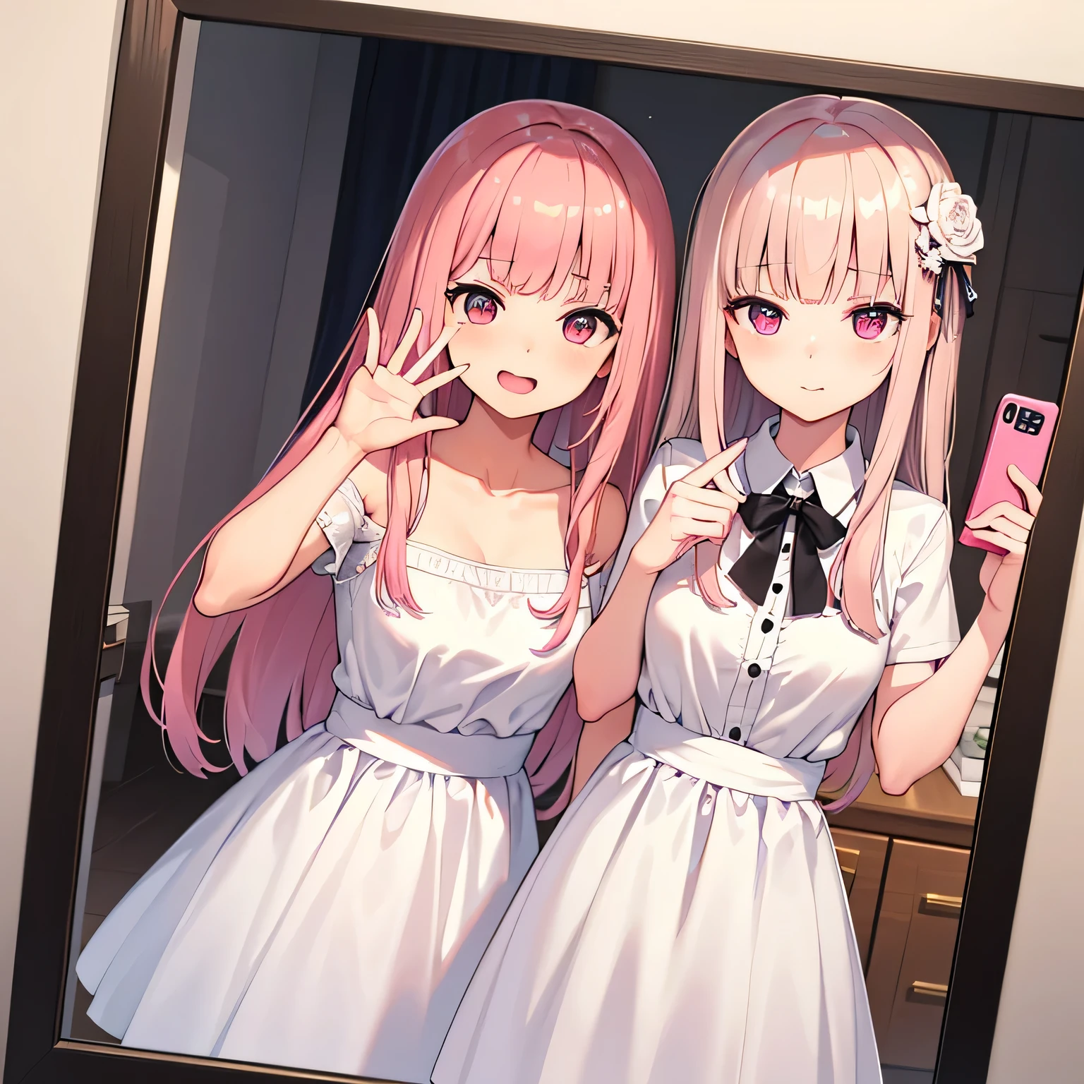 cute , long hair, pink hair, blunt bangs, 4k resolutions , best resolutions, pink eyes,wearing white dress, hair flower ornaments, bedroom pink, selfie on mirror
