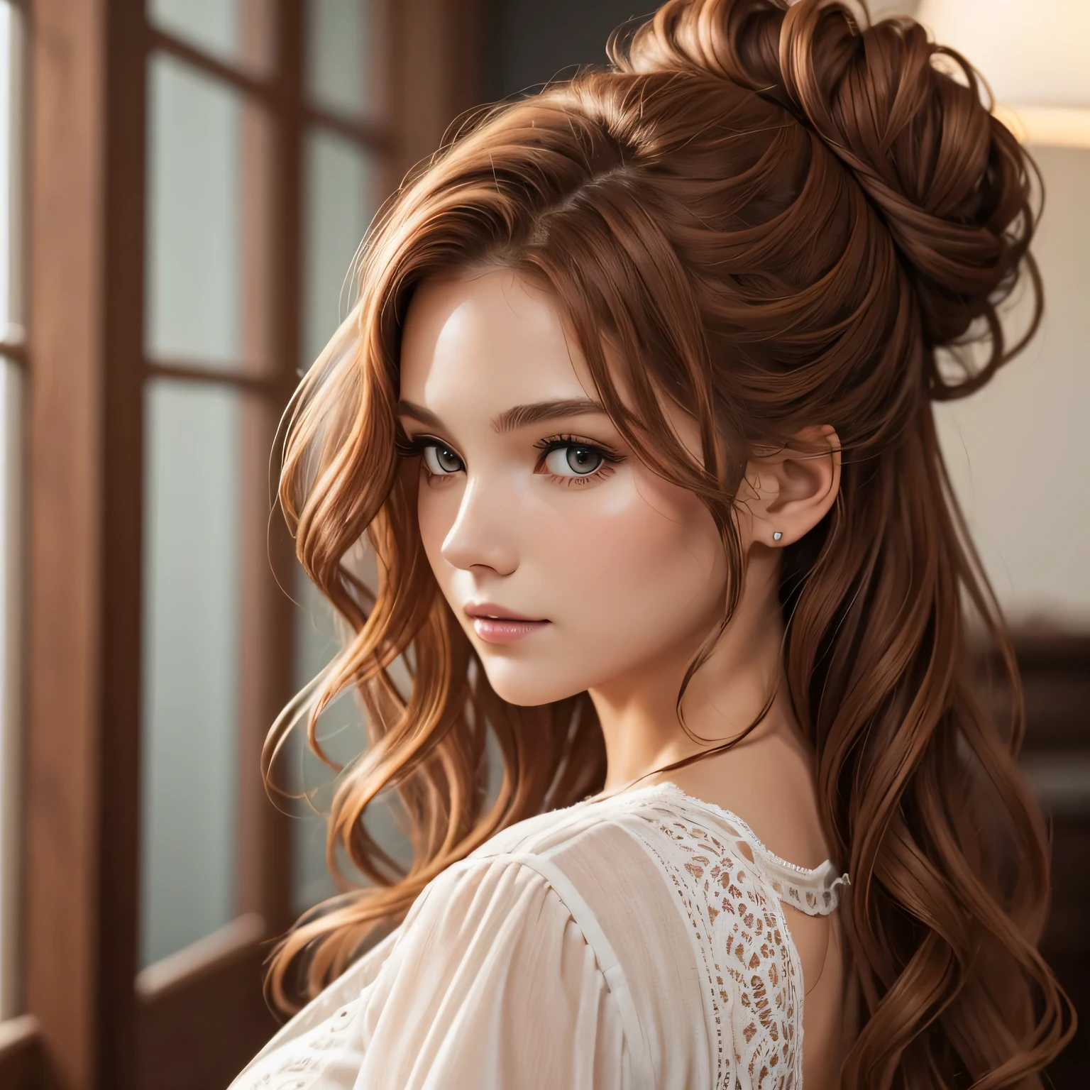 best quality, extremely detailed, depth of field, woman, light mahogany hair, wavy hair, loose messy bun, happy