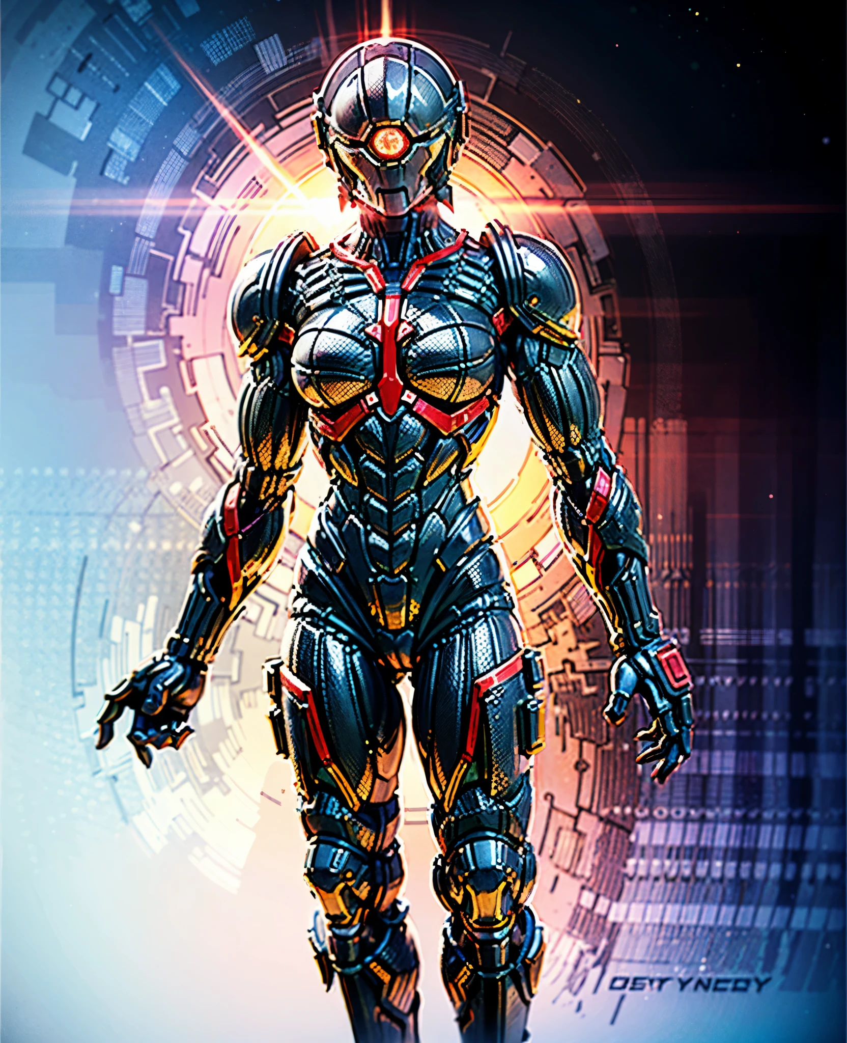 A woman adorned in fantasy-style full-body armor, a crown-concept fully enclosed helmet that unveils only her eyes, a composite layered chest plate, fully encompassing shoulder and hand guards, a lightweight waist armor, form-fitting shin guards, the overall design is heavy-duty yet flexible, the armor gleams with a golden glow, complemented by red and blue accents, exhibiting a noble aura, she floats above a fantasy-surreal high-tech city, this character embodies a finely crafted fantasy-surreal style armored hero in anime style, exquisite and mature manga art style, Queen Bee Concept Armor, ((goddess, femminine)), long legs, metallic, elegant, high definition, best quality, highres, ultra-detailed, ultra-fine painting, extremely delicate, professional, anatomically correct, symmetrical face, extremely detailed eyes and face, high quality eyes, creativity, RAW photo, UHD, 32k, Natural light, cinematic lighting, masterpiece-anatomy-perfect, masterpiece:1.5