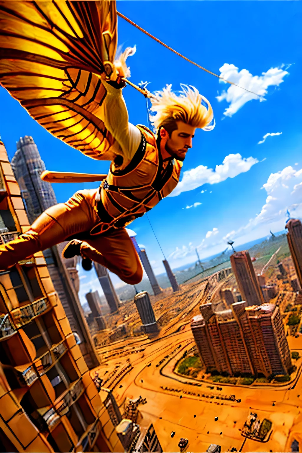 grand homme blond tonique, chevauchant un papillon de soie géant domestiqué, voler dans une ville brutaliste, science-fiction