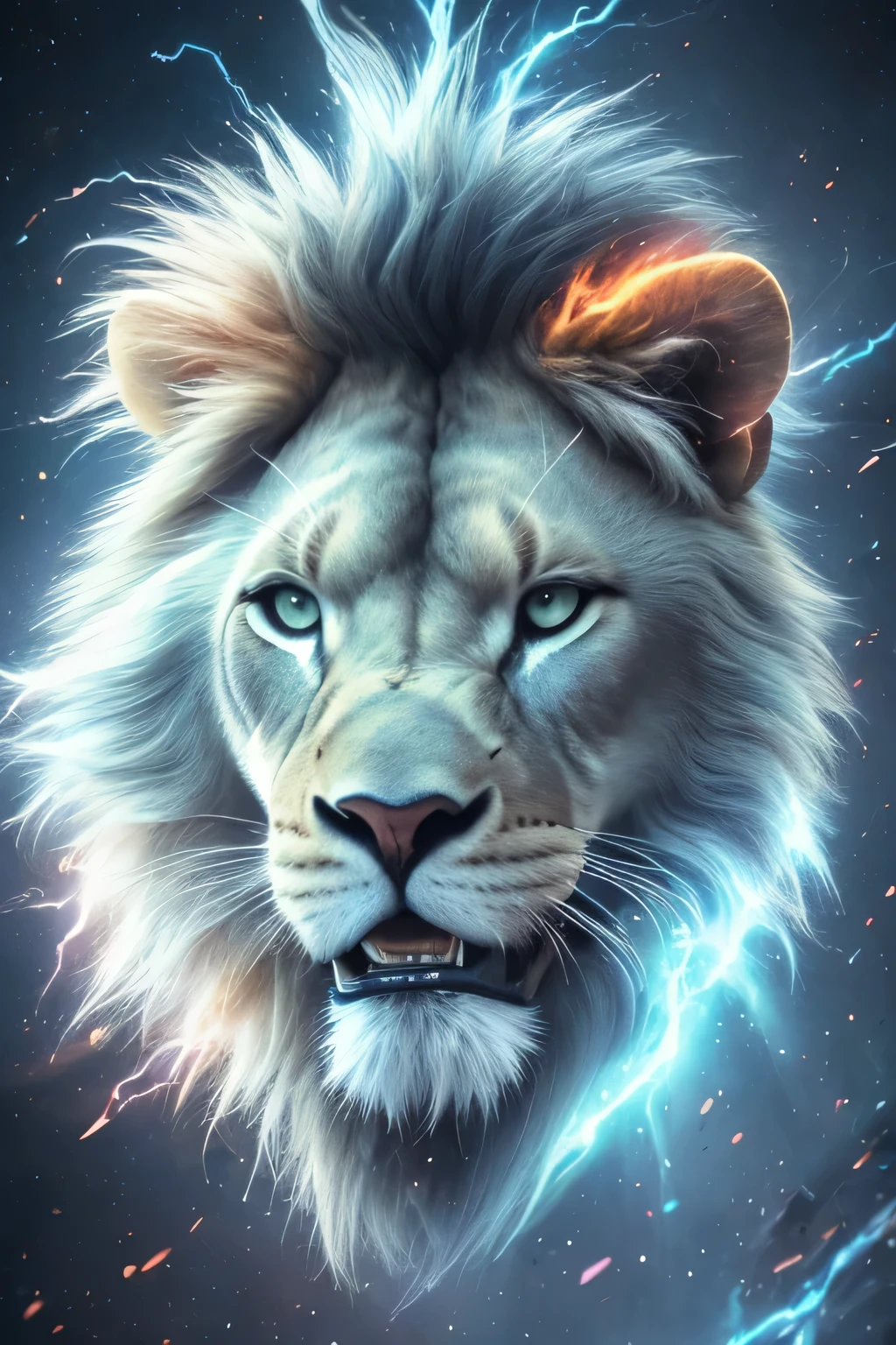 a close up of a lion with a lightning bolt on its head, amazing wallpaper, fire lion, wallpaper 4k, wallpaper 4 k, 4 k hd wallpaper very detailed, lion warrior, digital art animal photo, 4k highly detailed digital art, fierce expression 4k, wallpaper hd, roaring blue lion. majestic, 4k detailed digital art, digital art 4 k