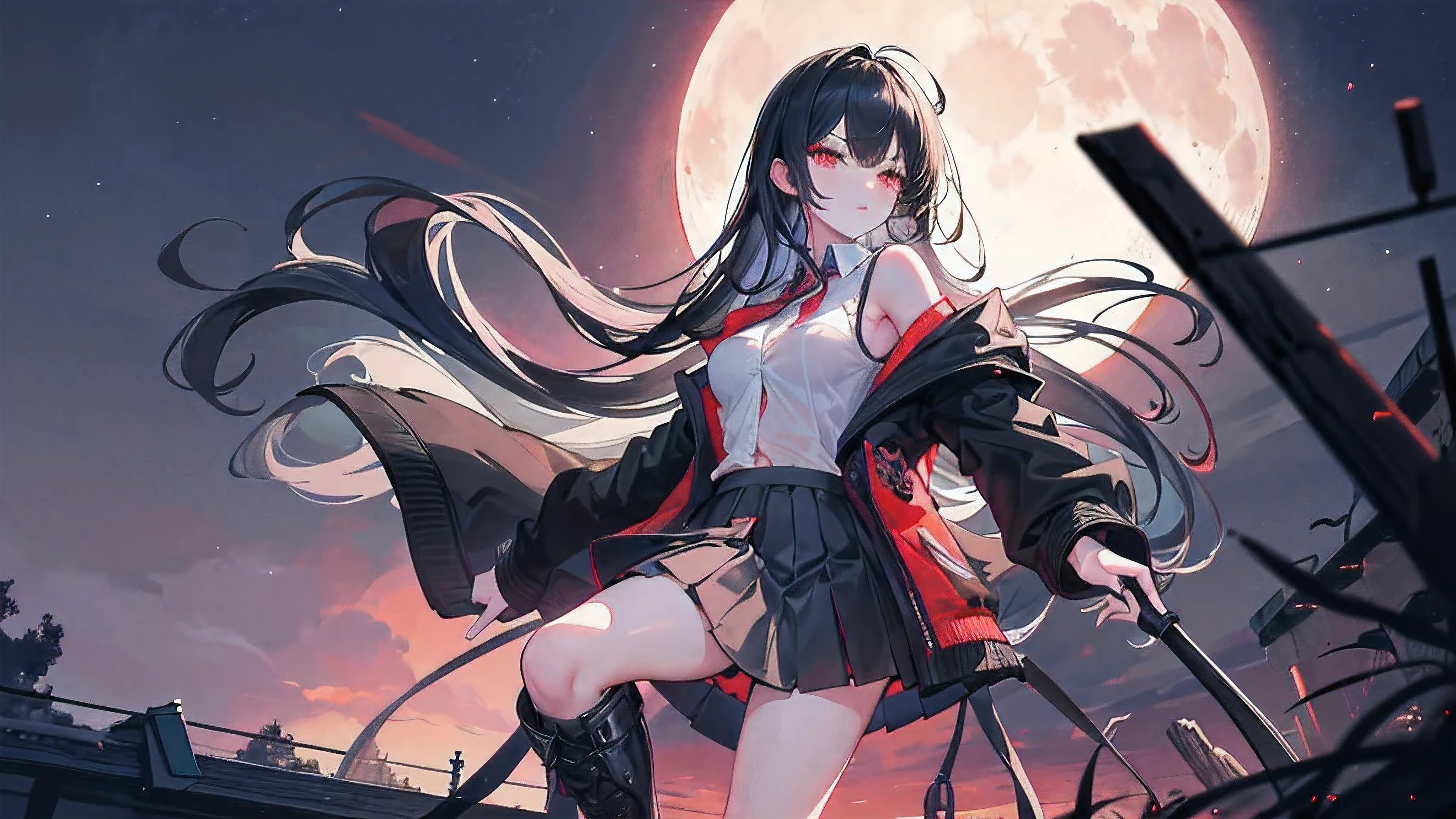 Using a laptop、Beautiful Face、Beautiful legs、Black Hair、On the roof,、night、full moon,neon.hoodie,Sitting、Row of buildings、Giant Woman
