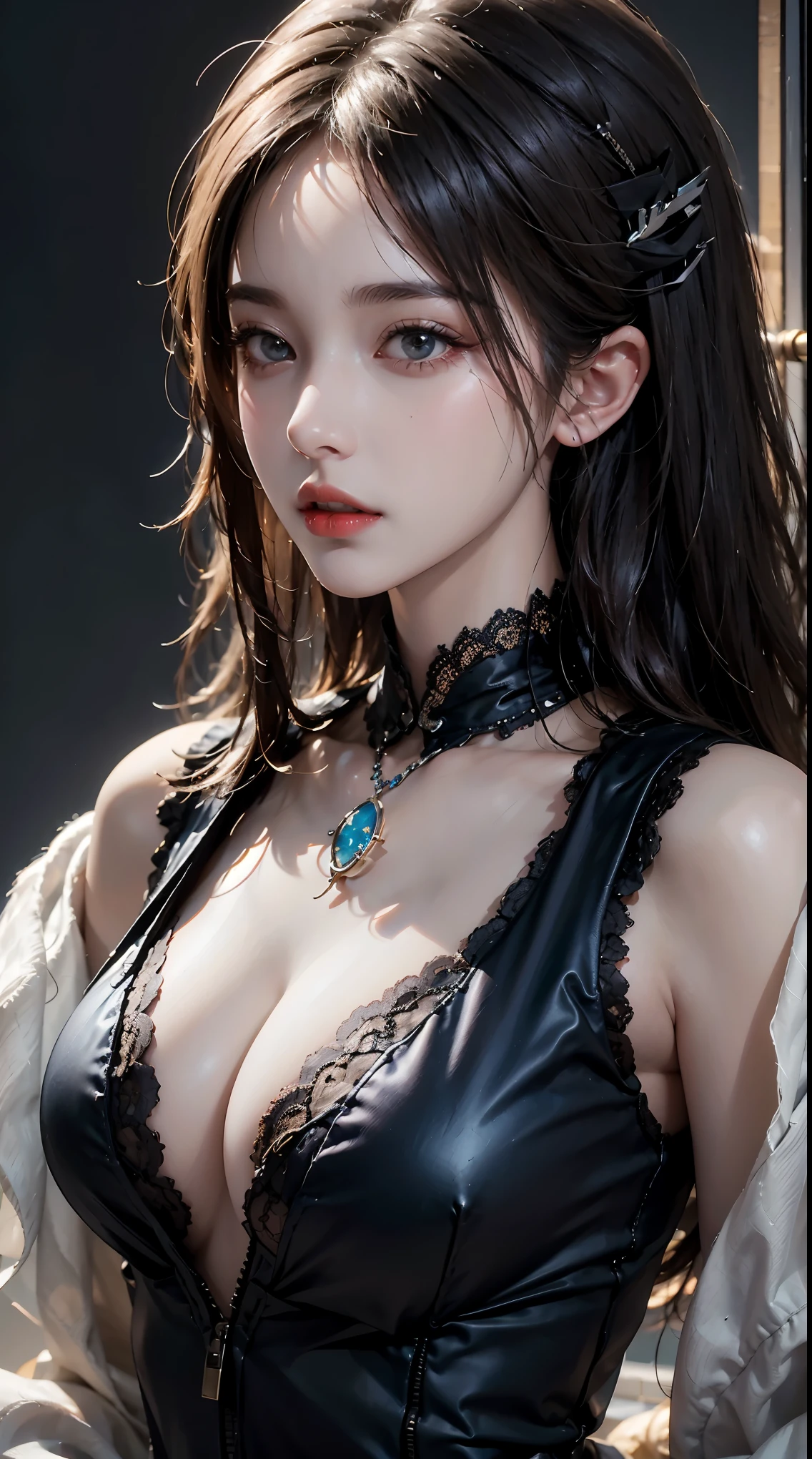 Character sheet, ultra-detailed complex 3d rendering with porcelain profile of Vietnamese character, maximalist beautiful studio soft light, rim lighting, vibrant details, lace, hyper-realistic, hand, facial muscles, electric wires, microchip, elegant, beautiful background, octane, H.R. style giger